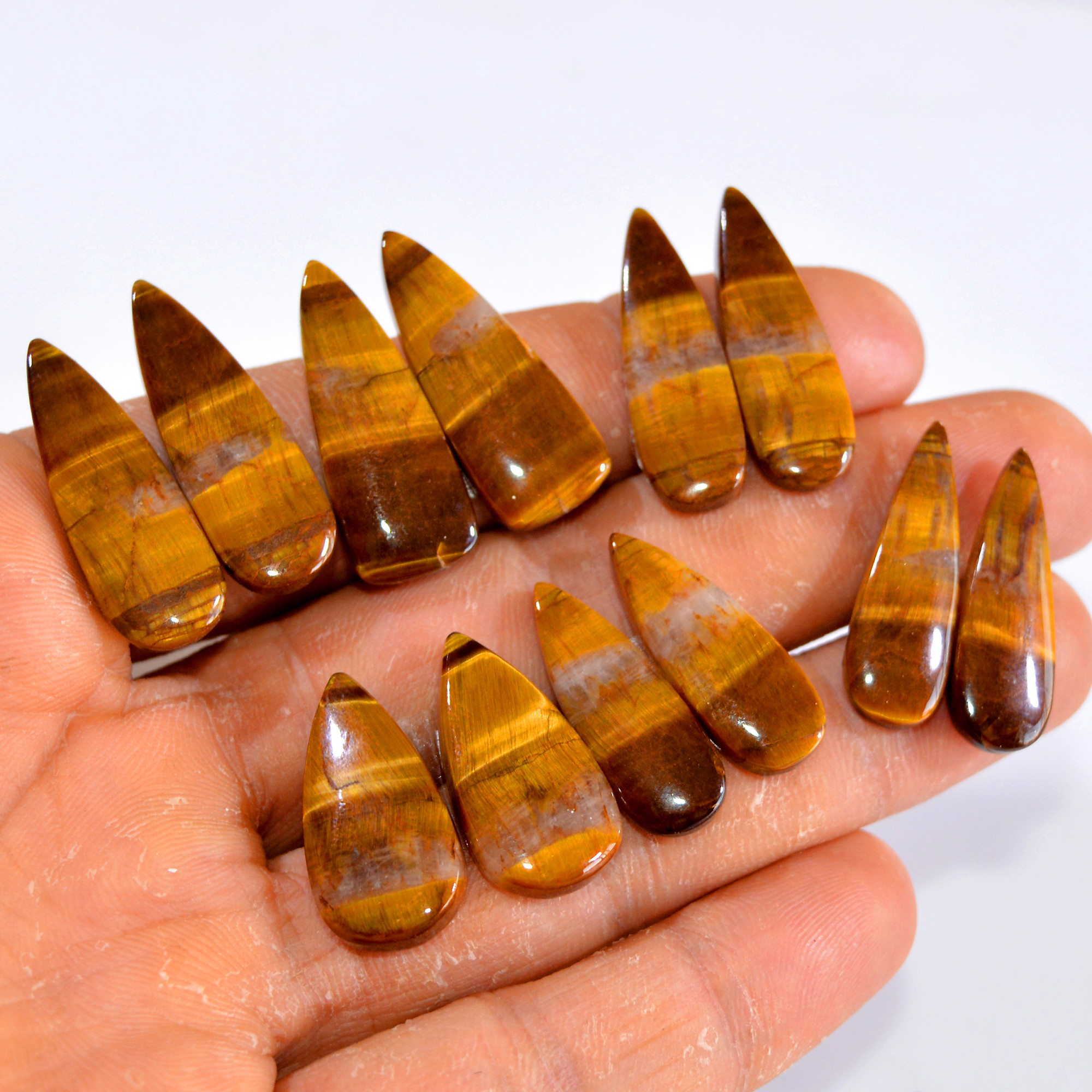6 Pairs 118 Cts Tiger Eye Cabochon Gemstone Pair Lot For Jewelry Making 24x9-30x10mm 14748