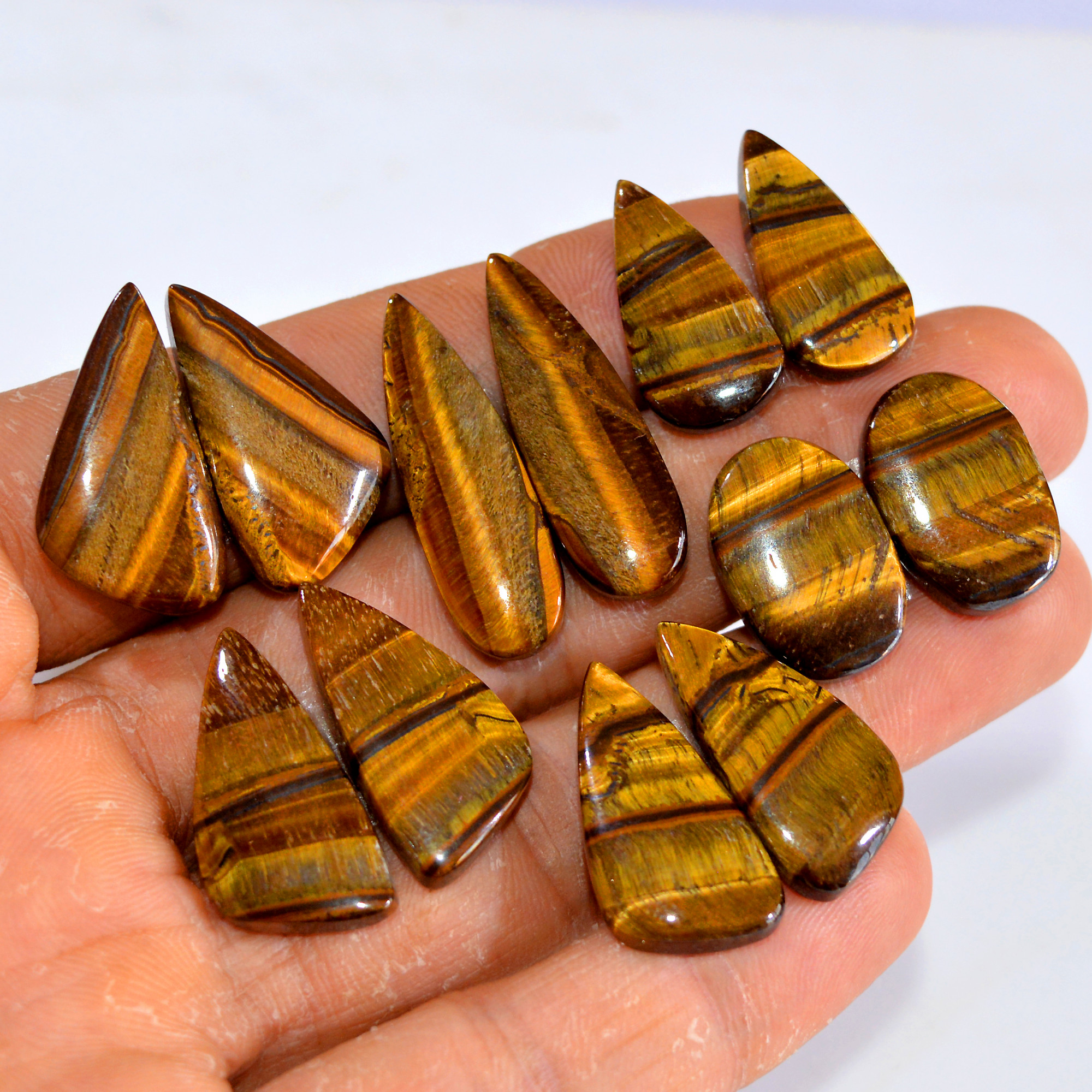 6 Pairs 155 Cts Tiger Eye Cabochon Gemstone Pair Lot For Jewelry Making 19x13-30x10mm 14750