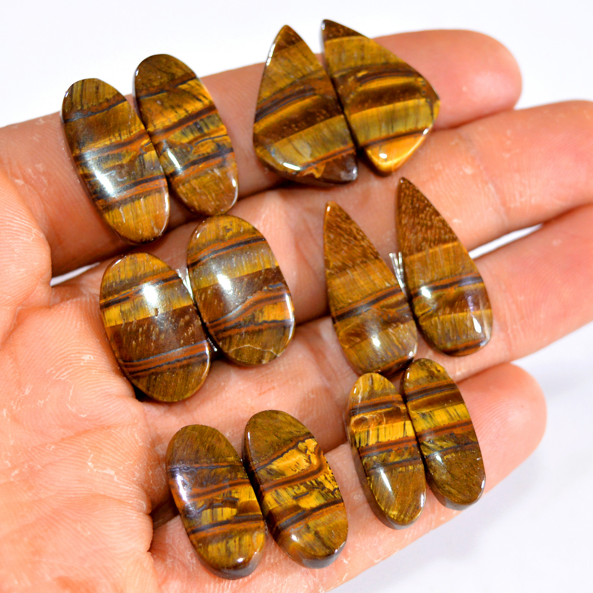 6 Pairs 139 Cts Tiger Eye Cabochon Gemstone Pair Lot For Jewelry Making 20x7-25x10mm 14751