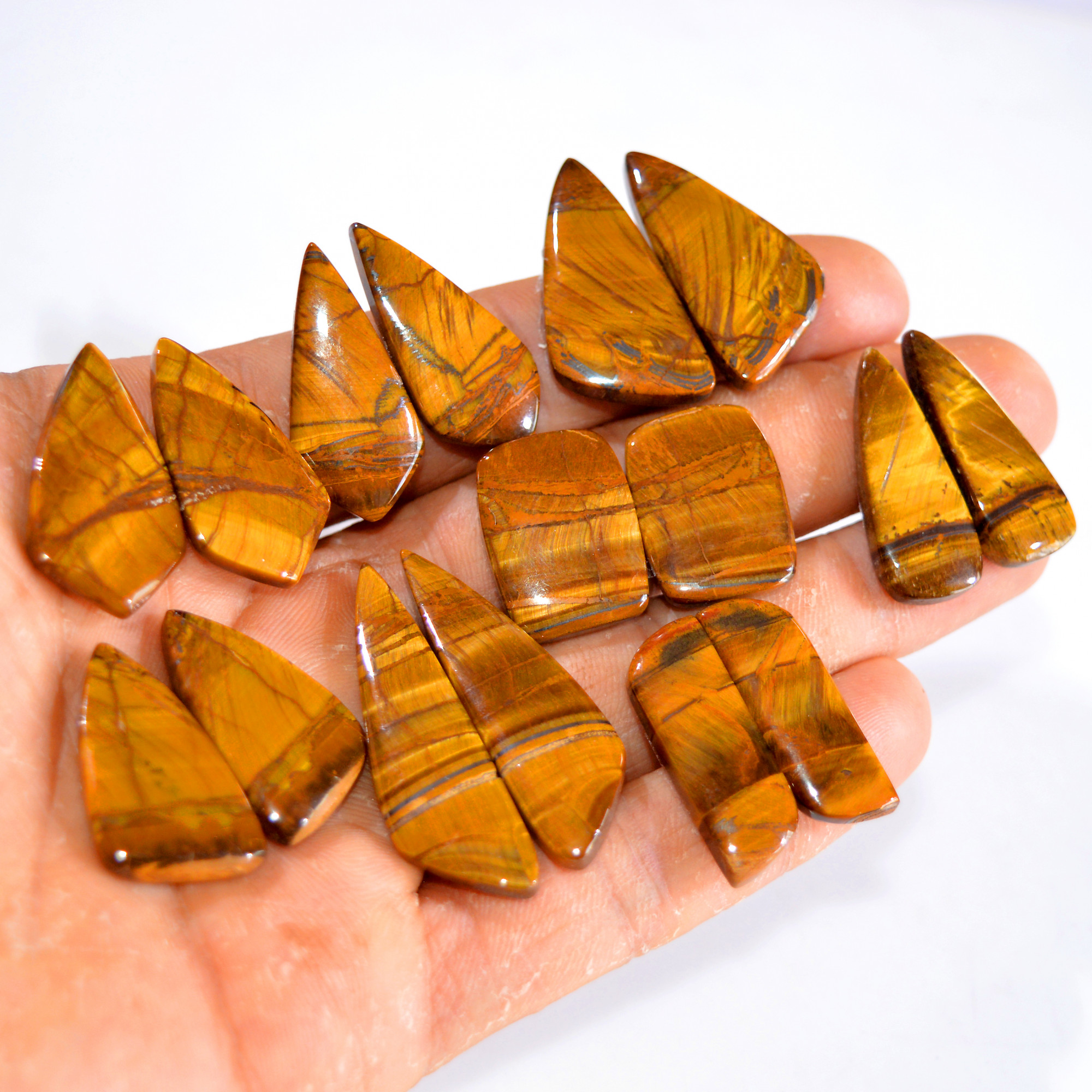 8 Pairs 269 Cts Tiger Eye Cabochon Gemstone Pair Lot For Jewelry Making 26x9-40x12mm 14752