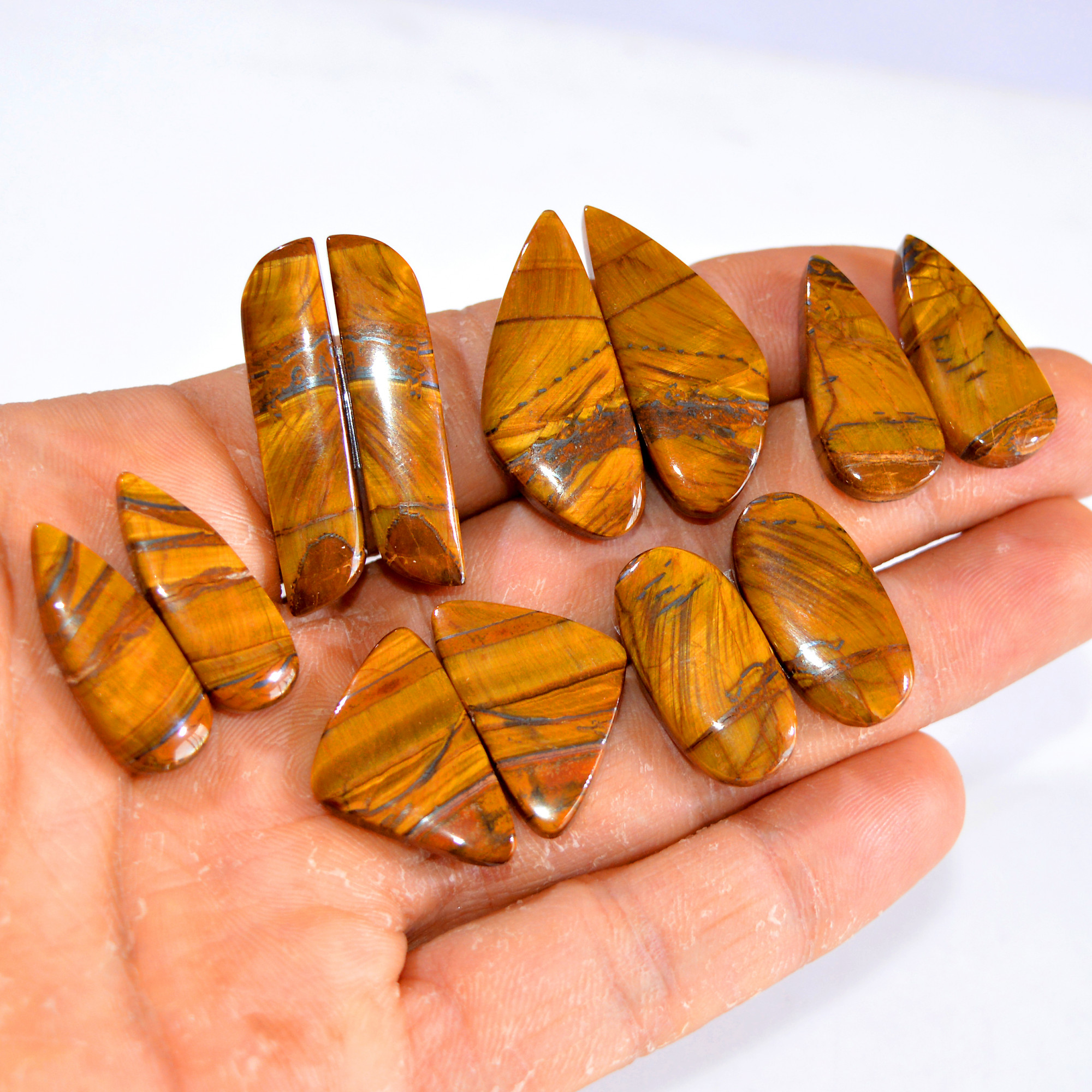 6 Pairs 187 Cts Tiger Eye Cabochon Gemstone Pair Lot For Jewelry Making 25x10-32x14mm 14753