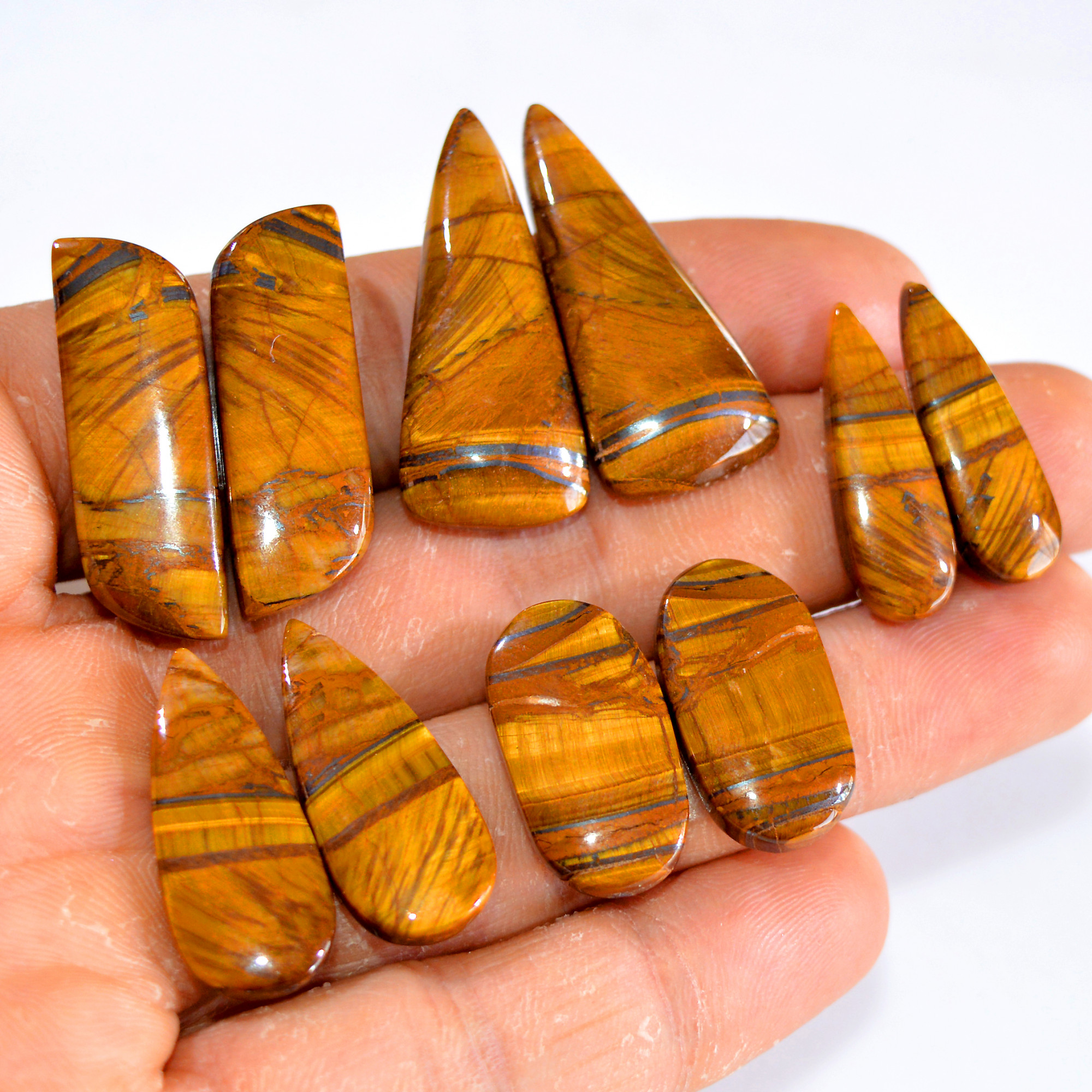 5 Pairs 158 Cts Tiger Eye Cabochon Gemstone Pair Lot For Jewelry Making 25x8-34x14mm 14754