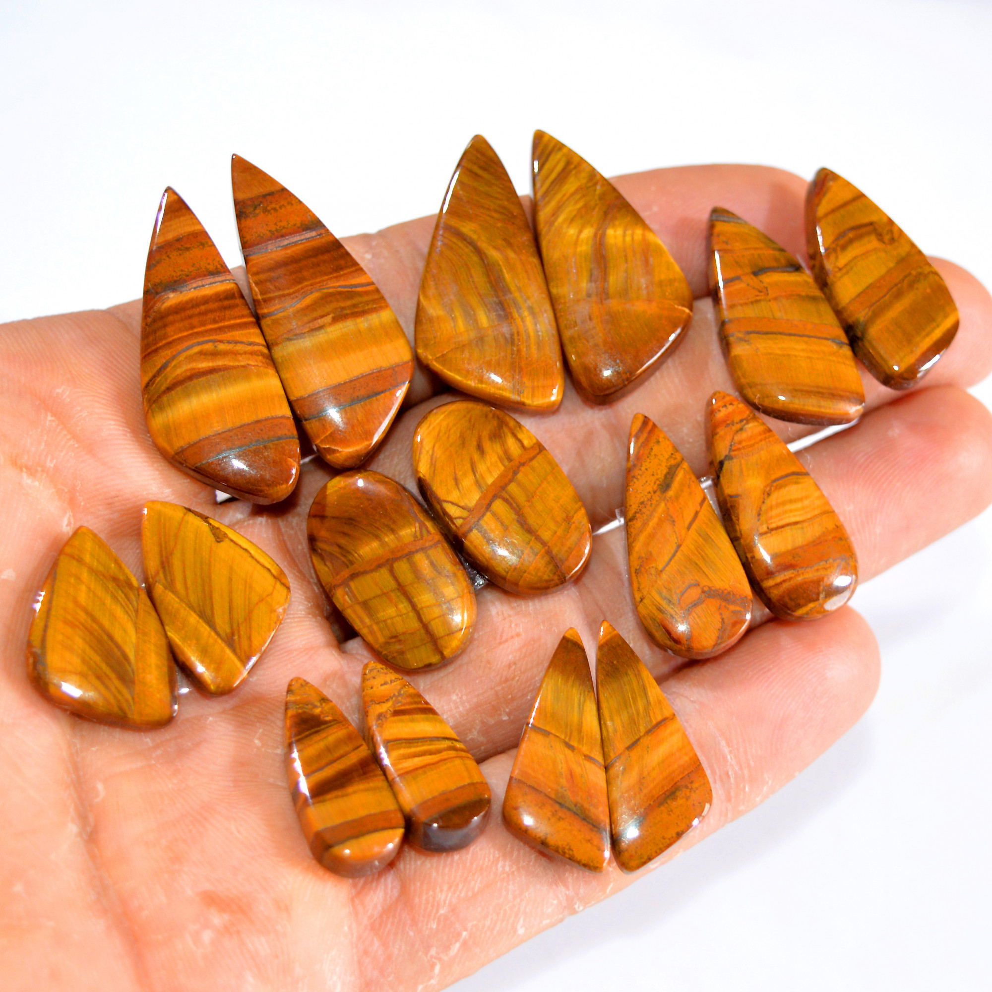 8 Pairs 227 Cts Tiger Eye Cabochon Gemstone Pair Lot For Jewelry Making 21x8-35x14mm 14755