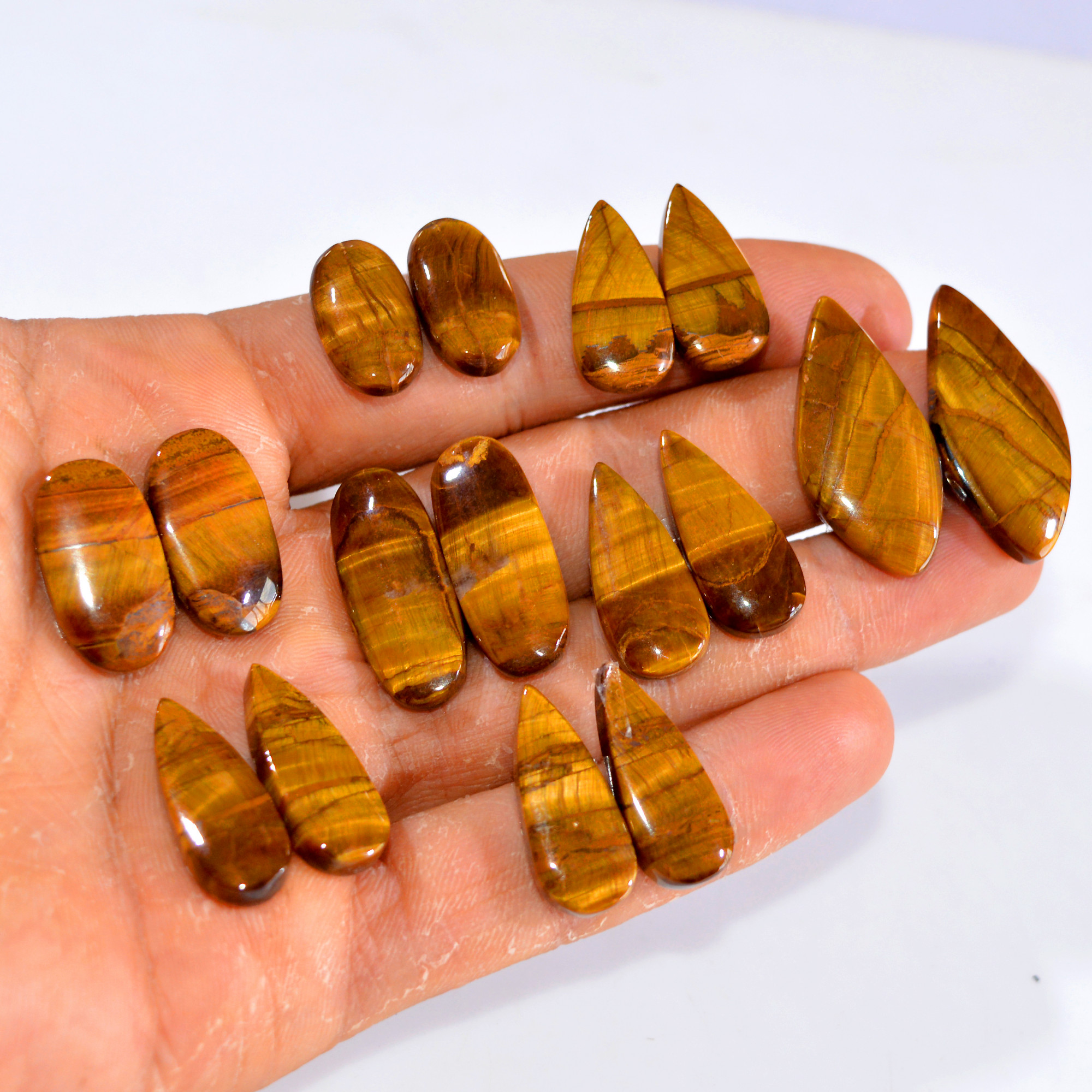8 Pairs 207 Cts Tiger Eye Cabochon Gemstone Pair Lot For Jewelry Making 19x10-32x15mm 14757