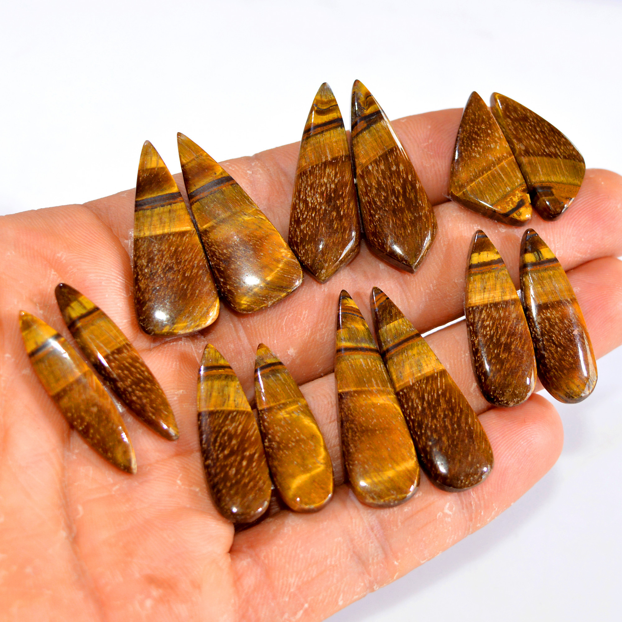 7 Pairs 186 Cts Tiger Eye Cabochon Gemstone Pair Lot For Jewelry Making 25x12-35x11mm 14759