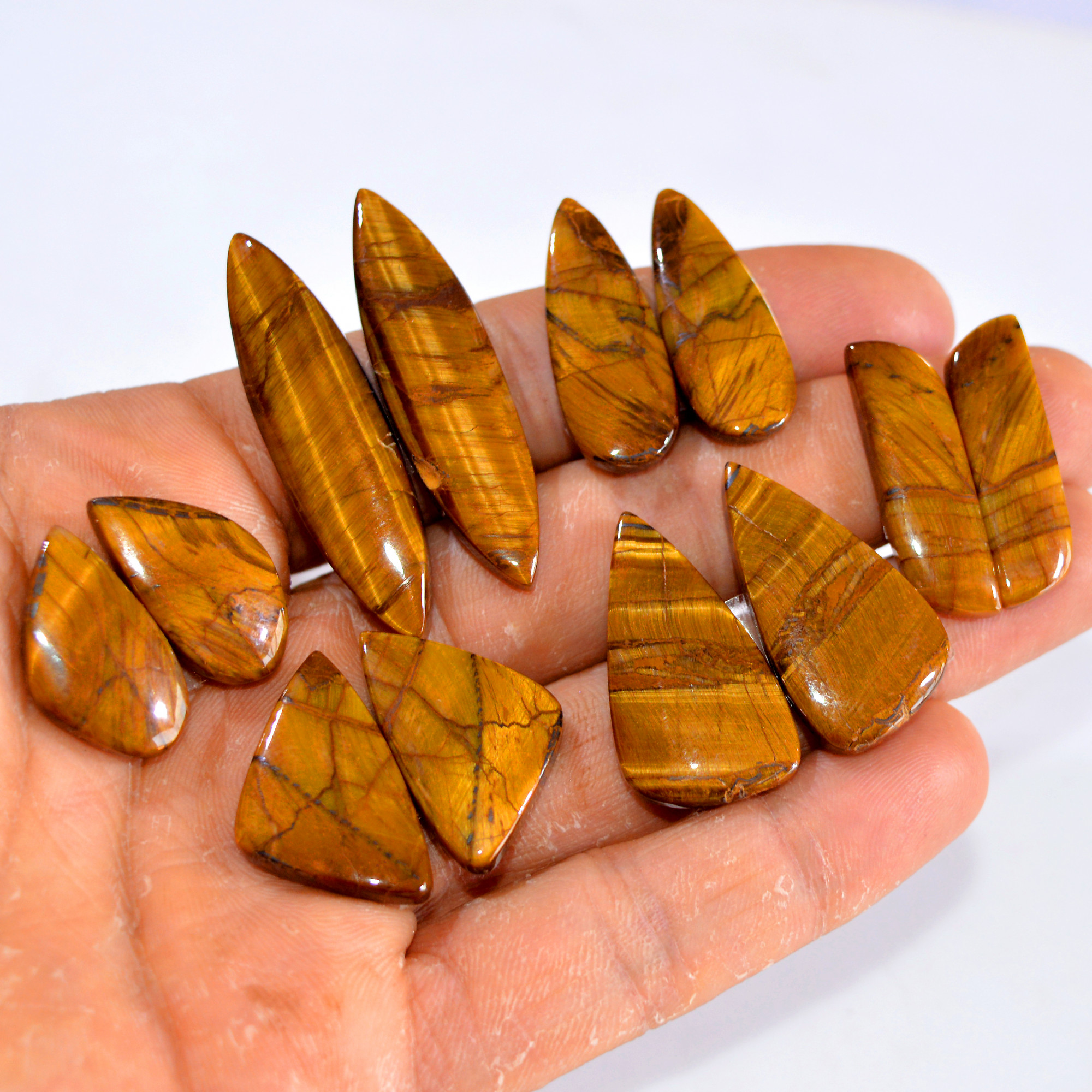 6 Pairs 203 Cts Tiger Eye Cabochon Gemstone Pair Lot For Jewelry Making 23x13-44x11mm 14760
