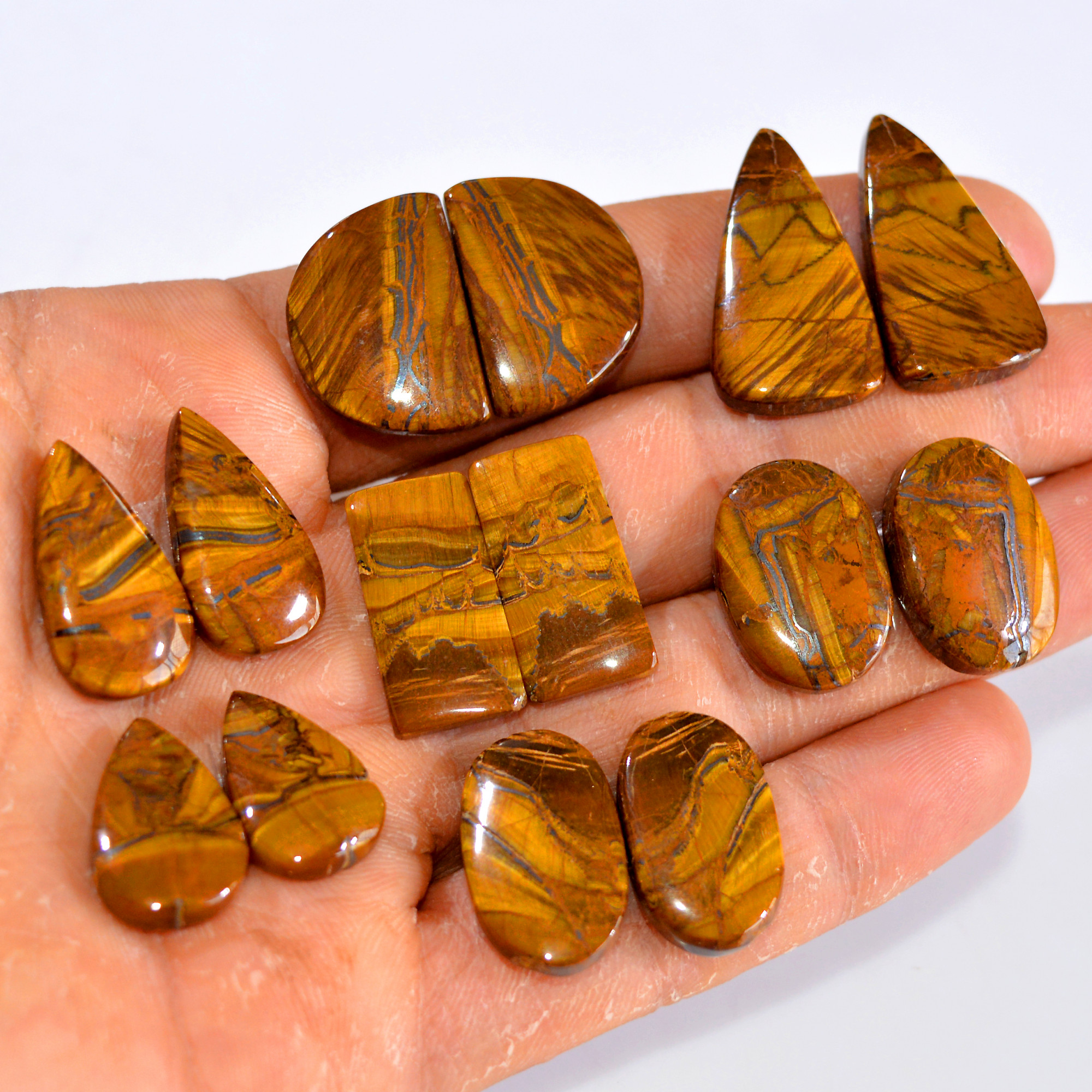 7 Pairs 211 Cts Tiger Eye Cabochon Gemstone Pair Lot For Jewelry Making 19x12-22x16mm 14761