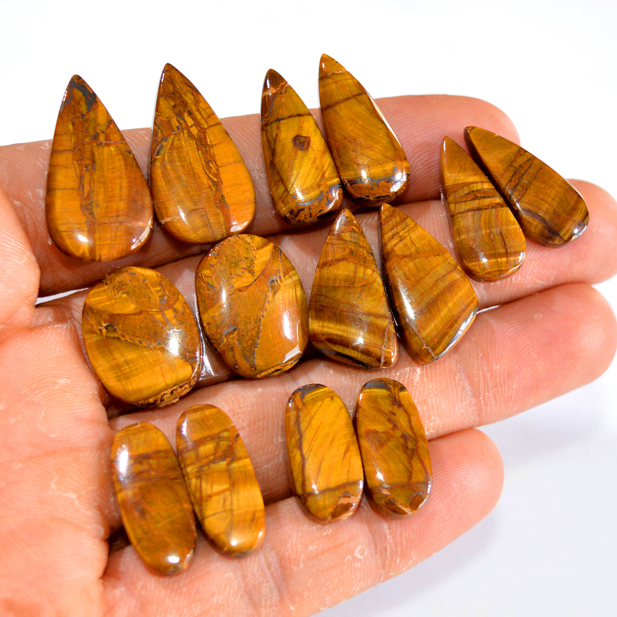 7 Pairs 171 Cts Tiger Eye Cabochon Gemstone Pair Lot For Jewelry Making 19x9-26x14mm 14762