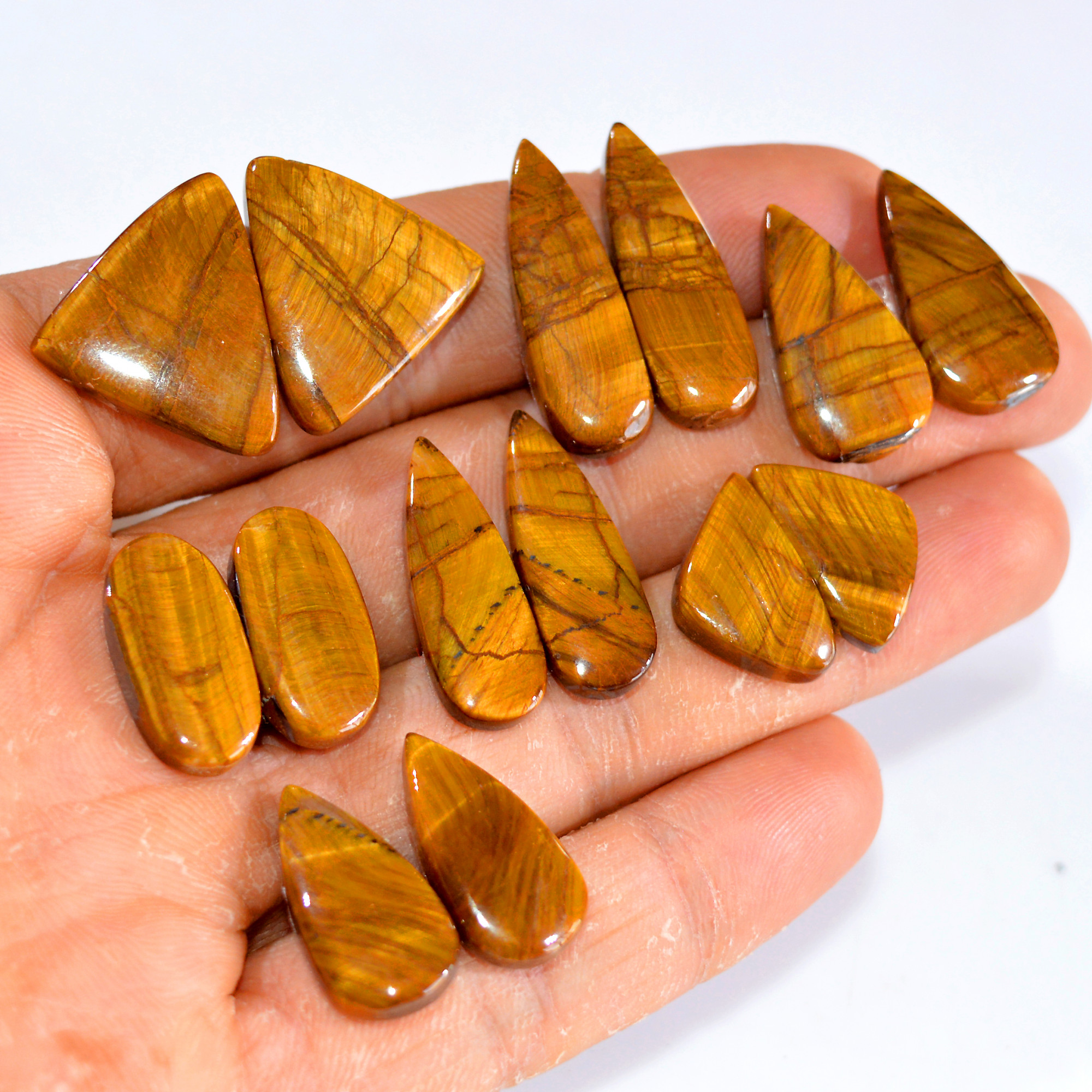 7 Pairs 159 Cts Tiger Eye Cabochon Gemstone Pair Lot For Jewelry Making 18x11-23x19mm 14763