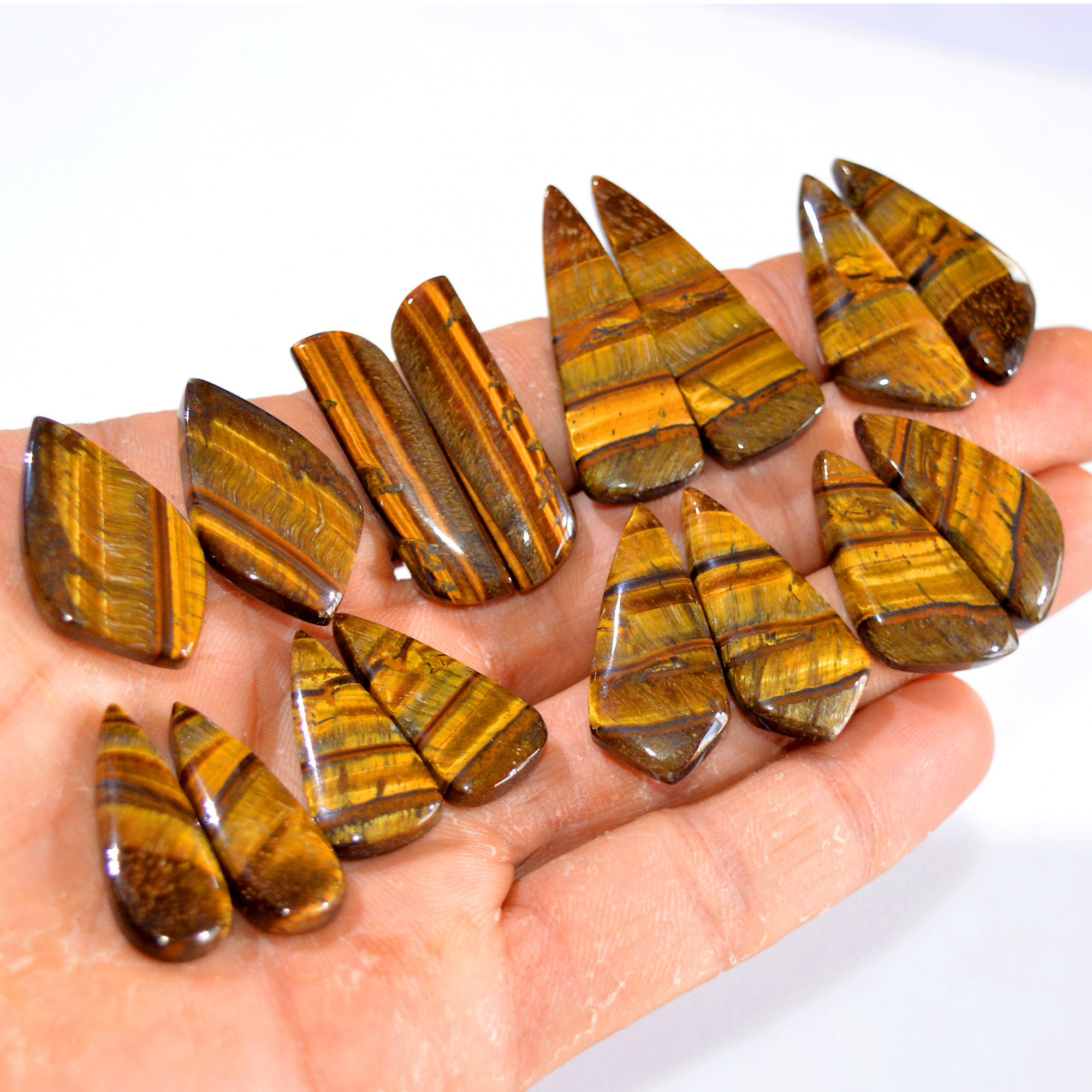 8 Pairs 288 Cts Tiger Eye Cabochon Gemstone Pair Lot For Jewelry Making 25x13-37x13mm 14764