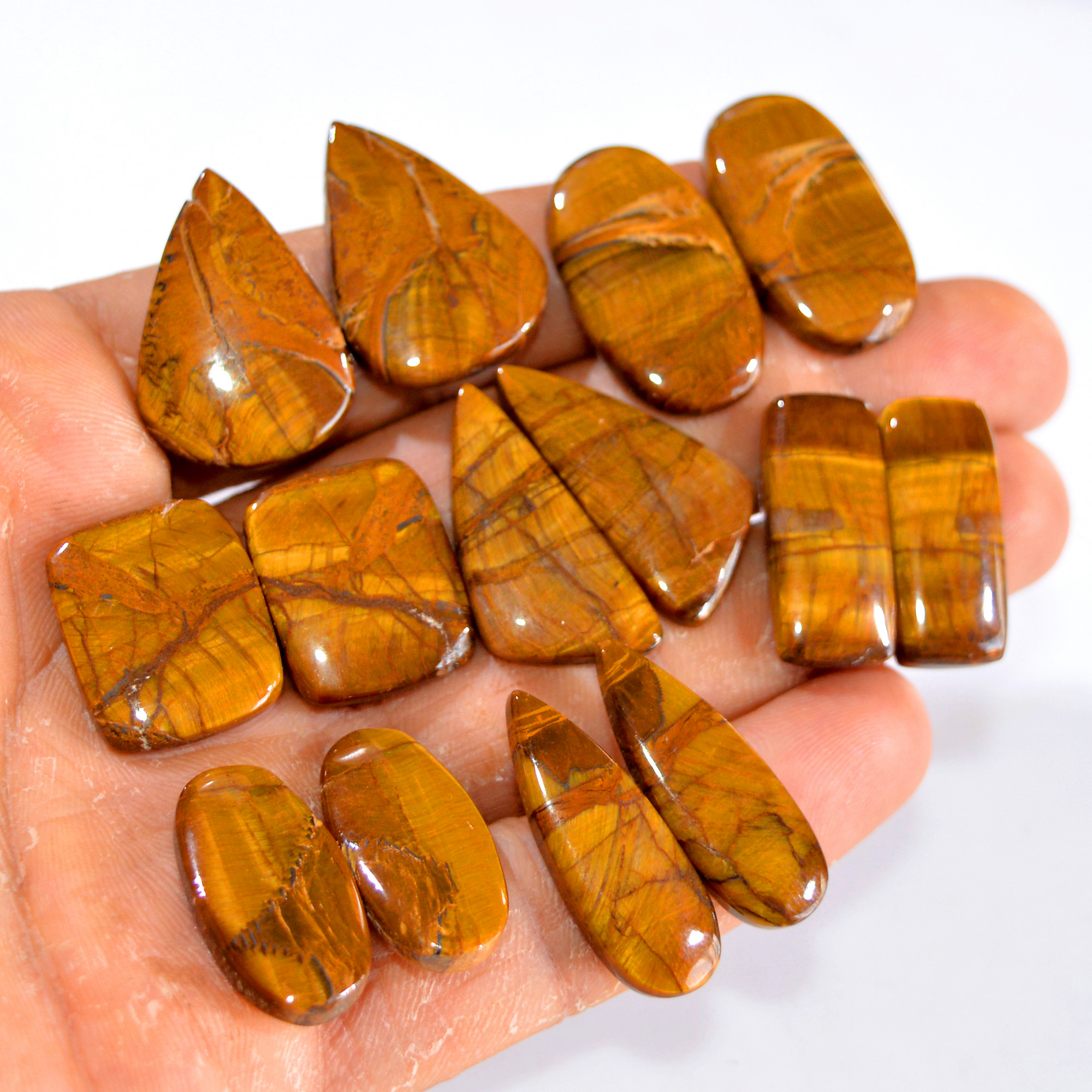 7 Pairs 234 Cts Tiger Eye Cabochon Gemstone Pair Lot For Jewelry Making 24x10-26x19mm 14765