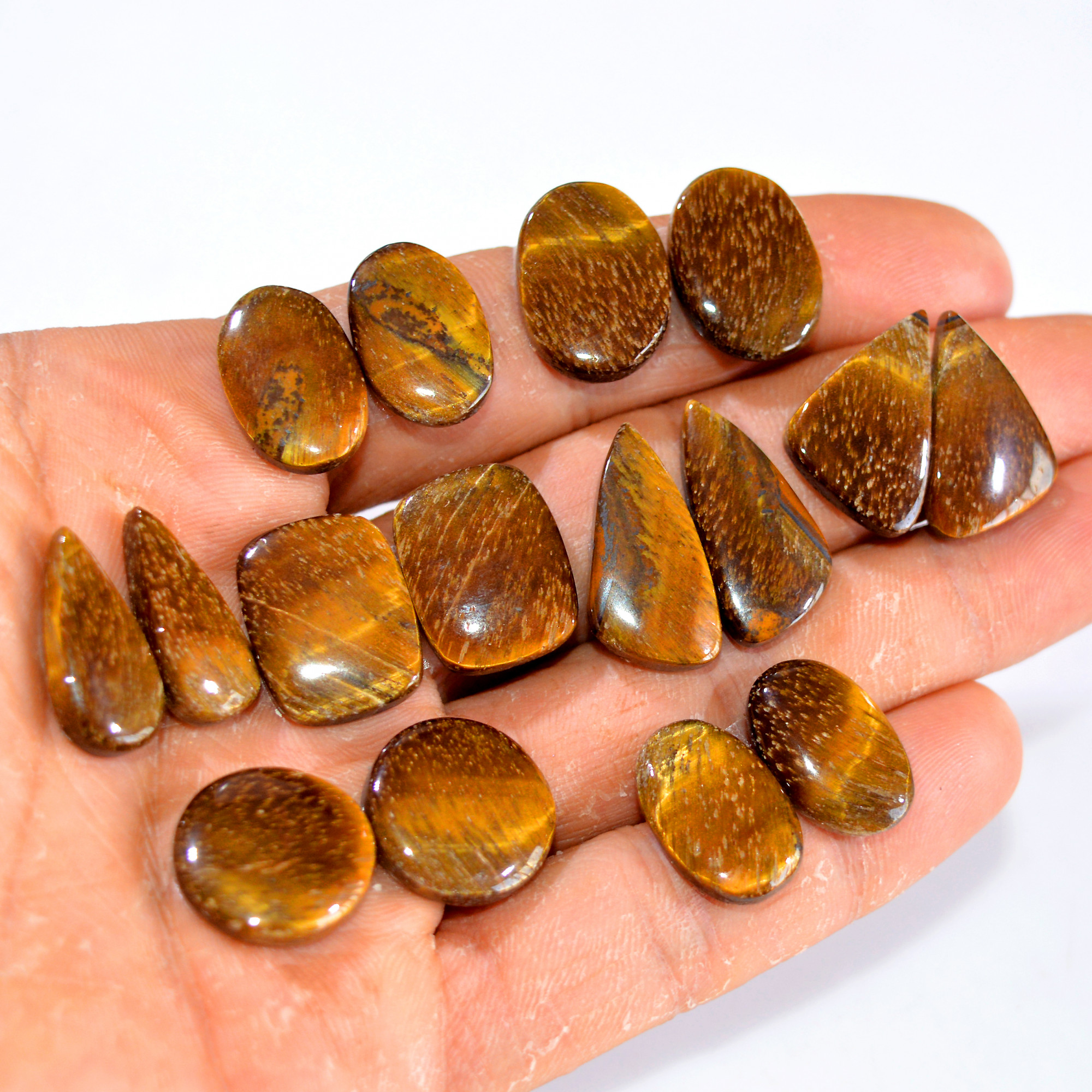 8 Pairs 169 Cts Tiger Eye Cabochon Gemstone Pair Lot For Jewelry Making 18x11-24x11mm 14767