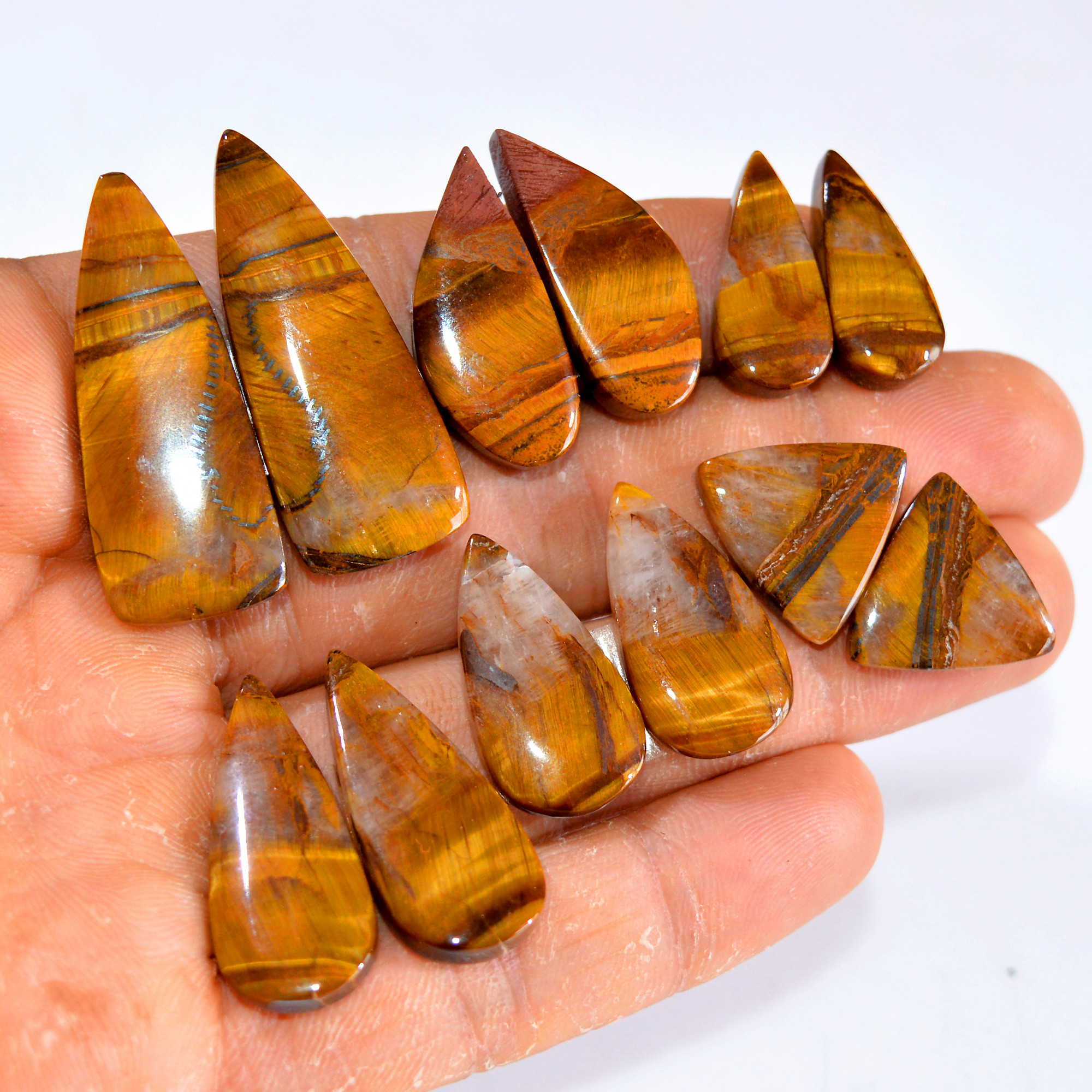6 Pairs 176 Cts Tiger Eye Cabochon Gemstone Pair Lot For Jewelry Making 22x10-39x15mm 14768