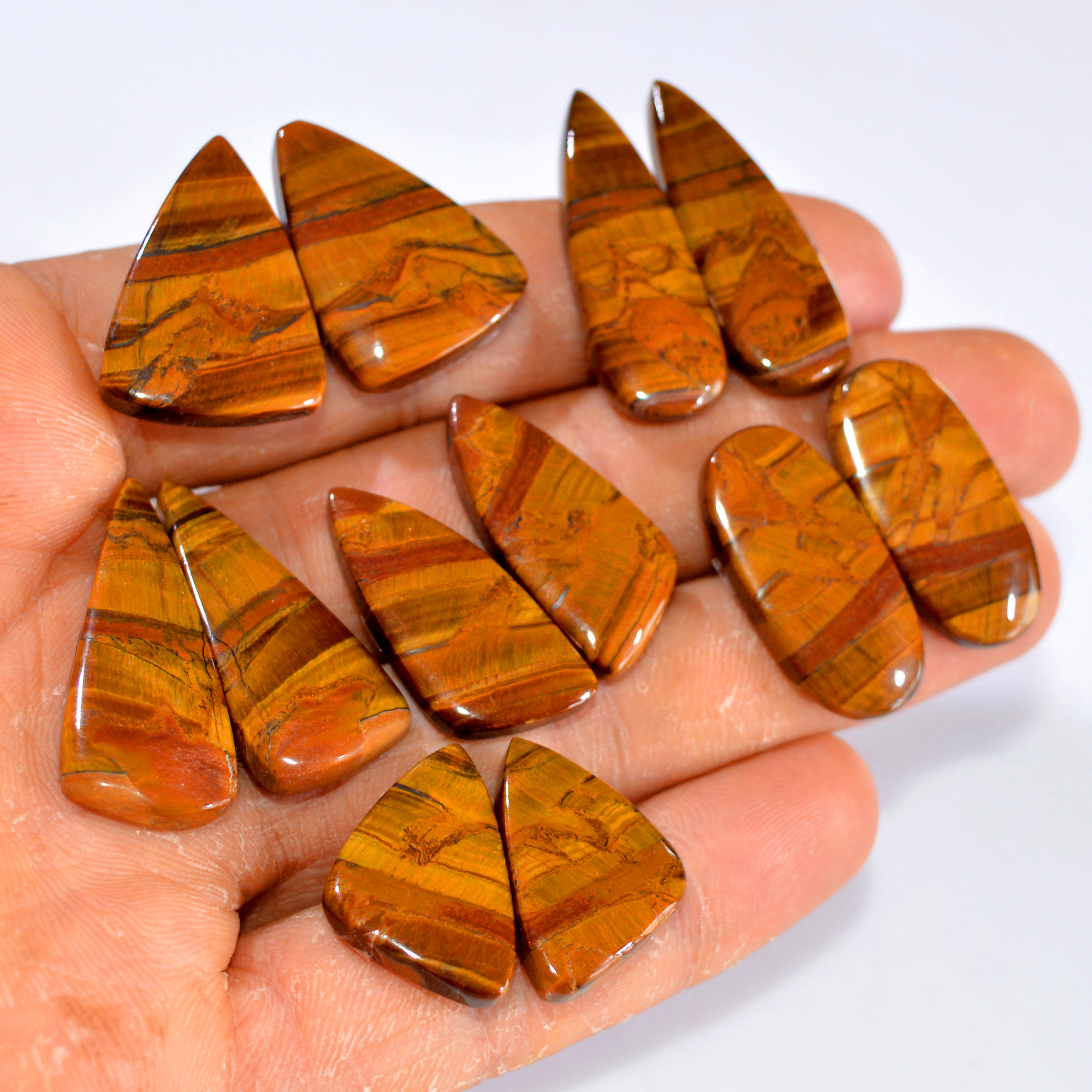 6 Pairs 192 Cts Tiger Eye Cabochon Gemstone Pair Lot For Jewelry Making 22x14-30x14mm 14769
