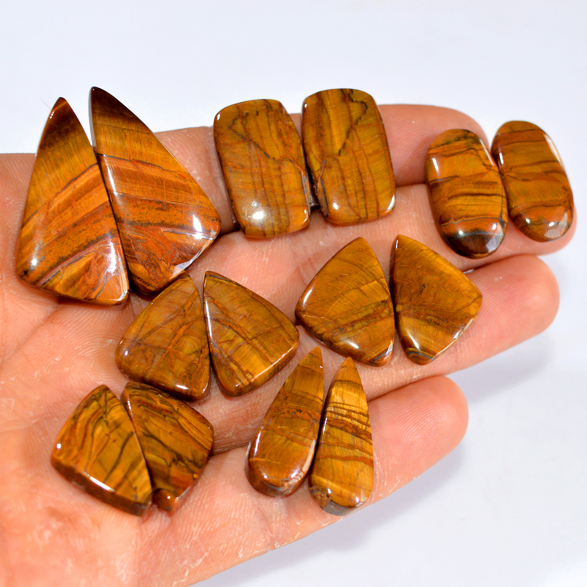7 Pairs 219 Cts Tiger Eye Cabochon Gemstone Pair Lot For Jewelry Making 22x13-35x18mm 14771