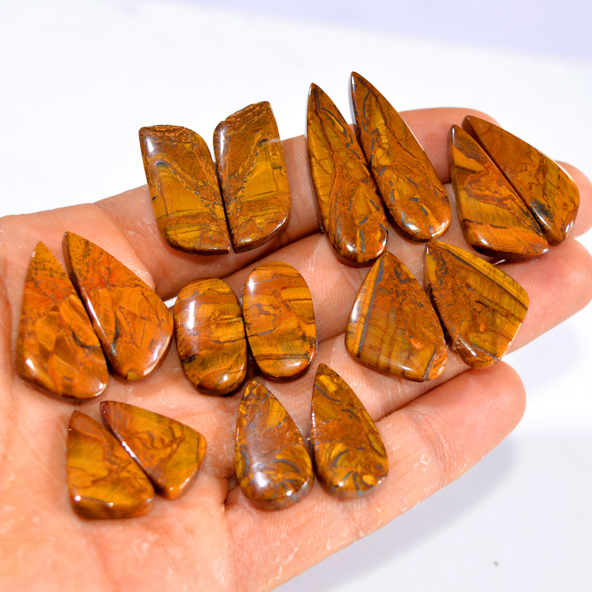 8 Pairs 259 Cts Tiger Eye Cabochon Gemstone Pair Lot For Jewelry Making 22x12-28x12mm 14773
