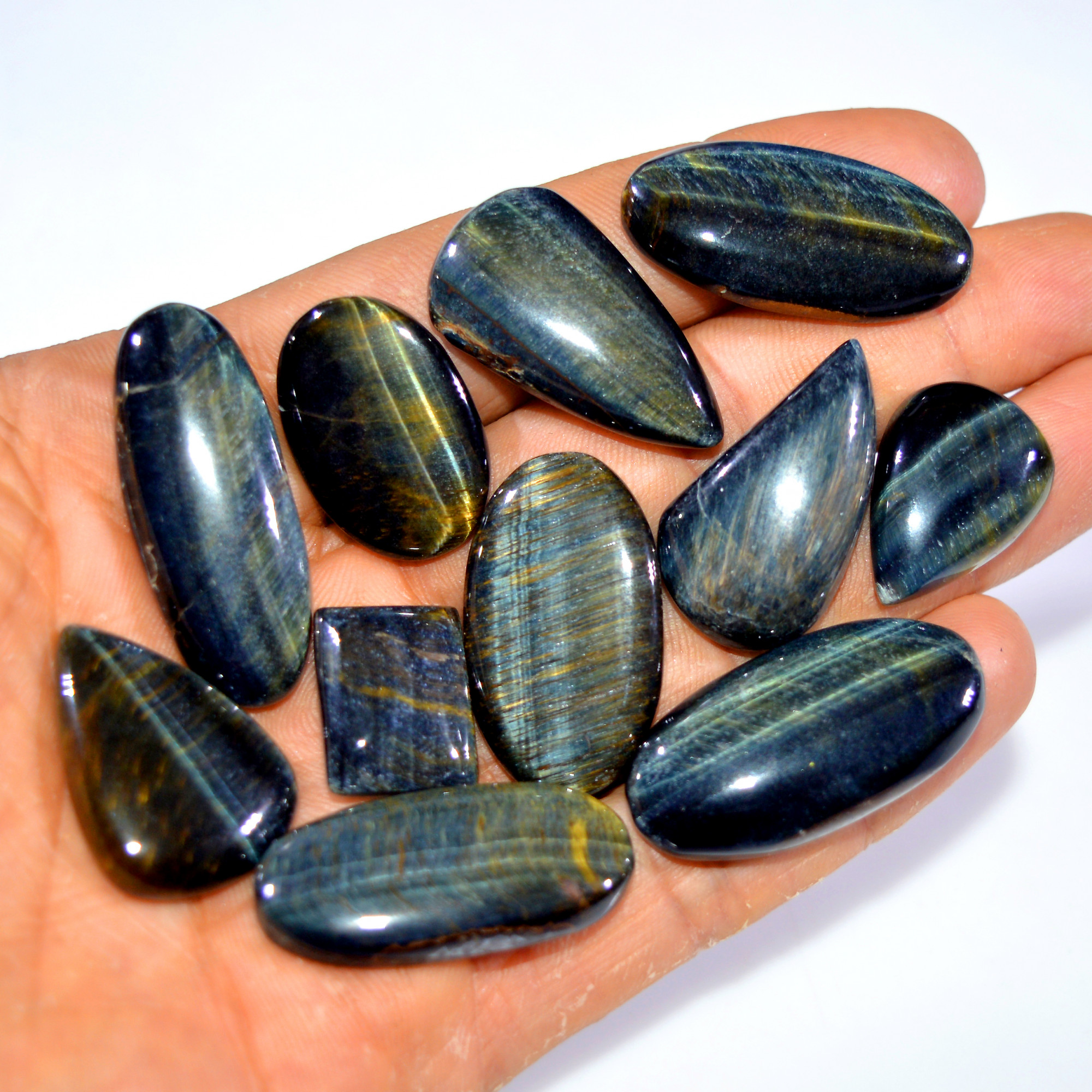 11Pcs 278 Cts Natural Black Tiger Eye Cabochon Gemstone Lot Mixed Shapes Handmade Jewelry Supplies For Silver Jewelry 35x15 16x11mm R-14783