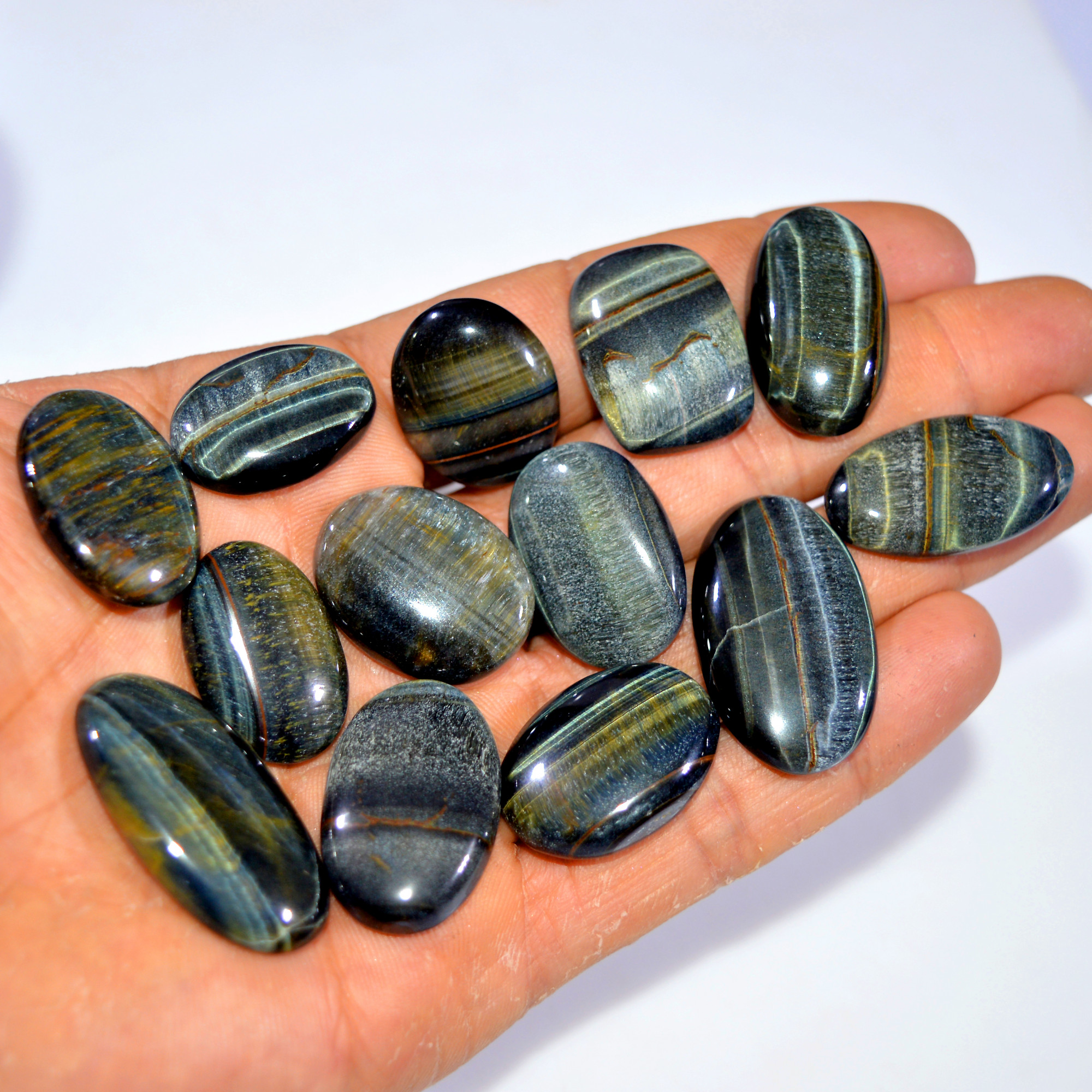 13Pcs 315 Cts Natural Black Tiger Eye Cabochon Gemstone Lot Mixed Shapes Handmade Jewelry Supplies For Silver Jewelry 34x15 20x16mm R-14785