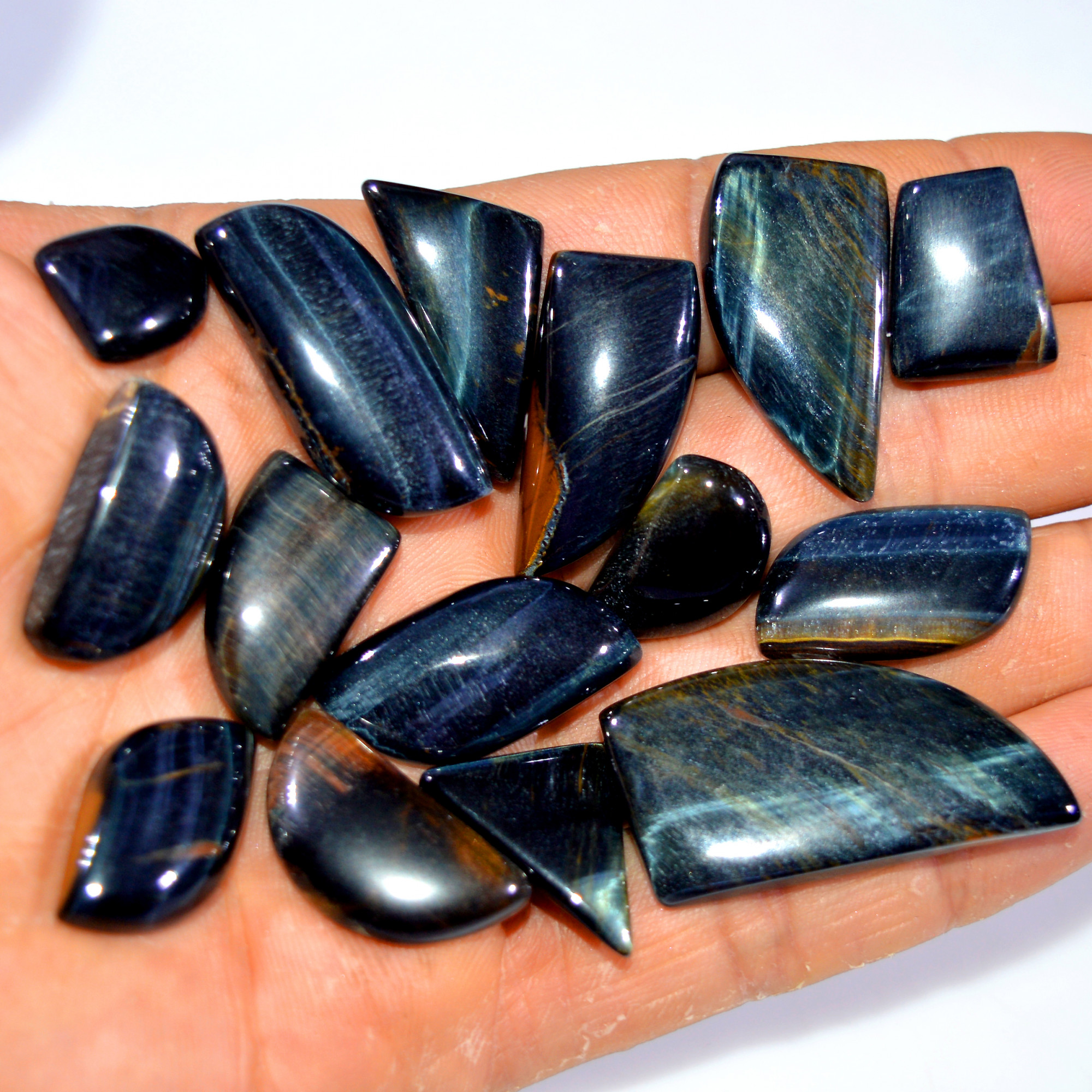 15Pcs 251 Cts Natural Black Tiger Eye Cabochon Gemstone Lot Mixed Shapes Handmade Jewelry Supplies For Silver Jewelry 35x16 21x14mm14786