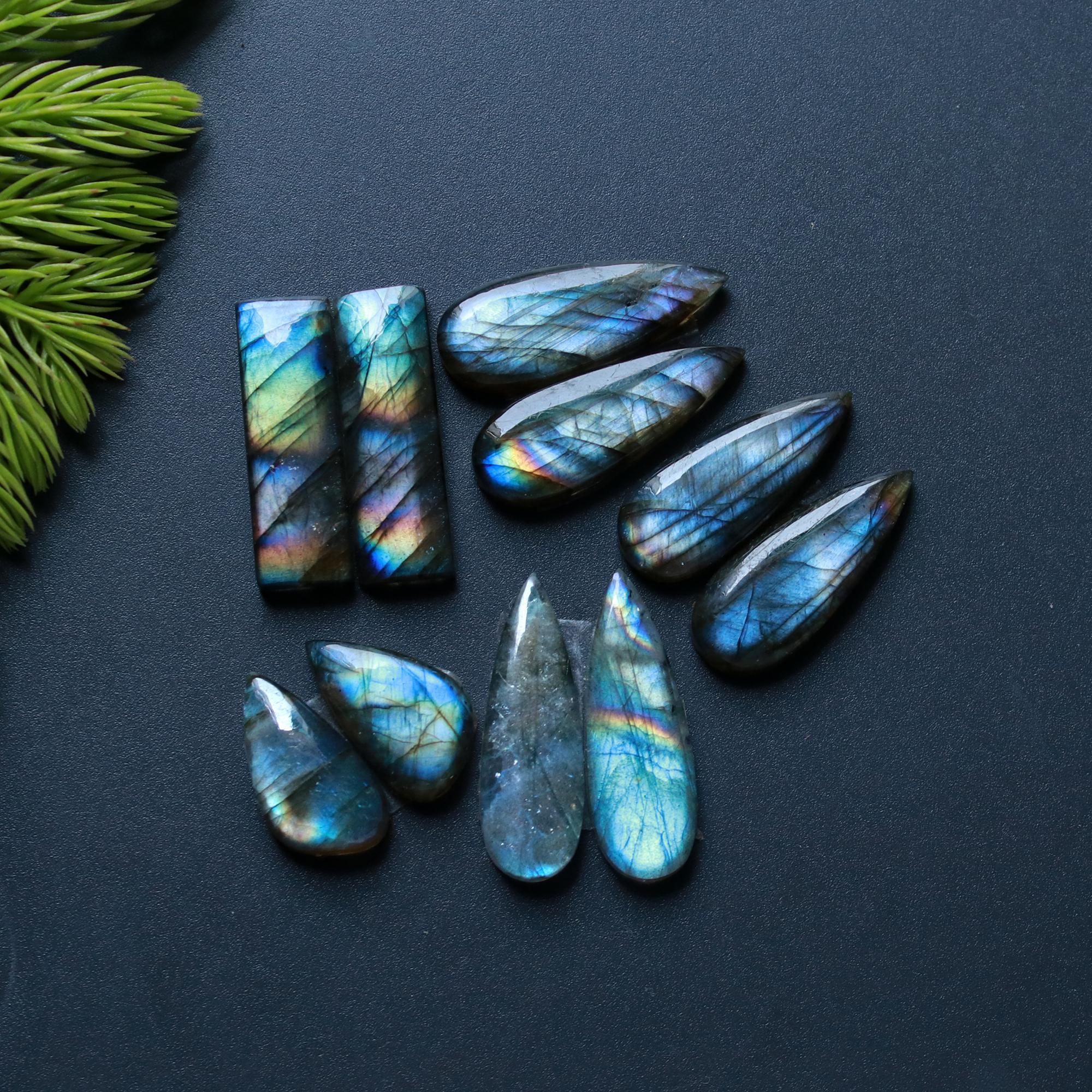 5 Pairs 94 Cts Natural Labradorite Loose Gemstone Pairs For Earring Labradorite Mix Shape Cabochon For Jewelry Making 26x9-17x10mm 14826