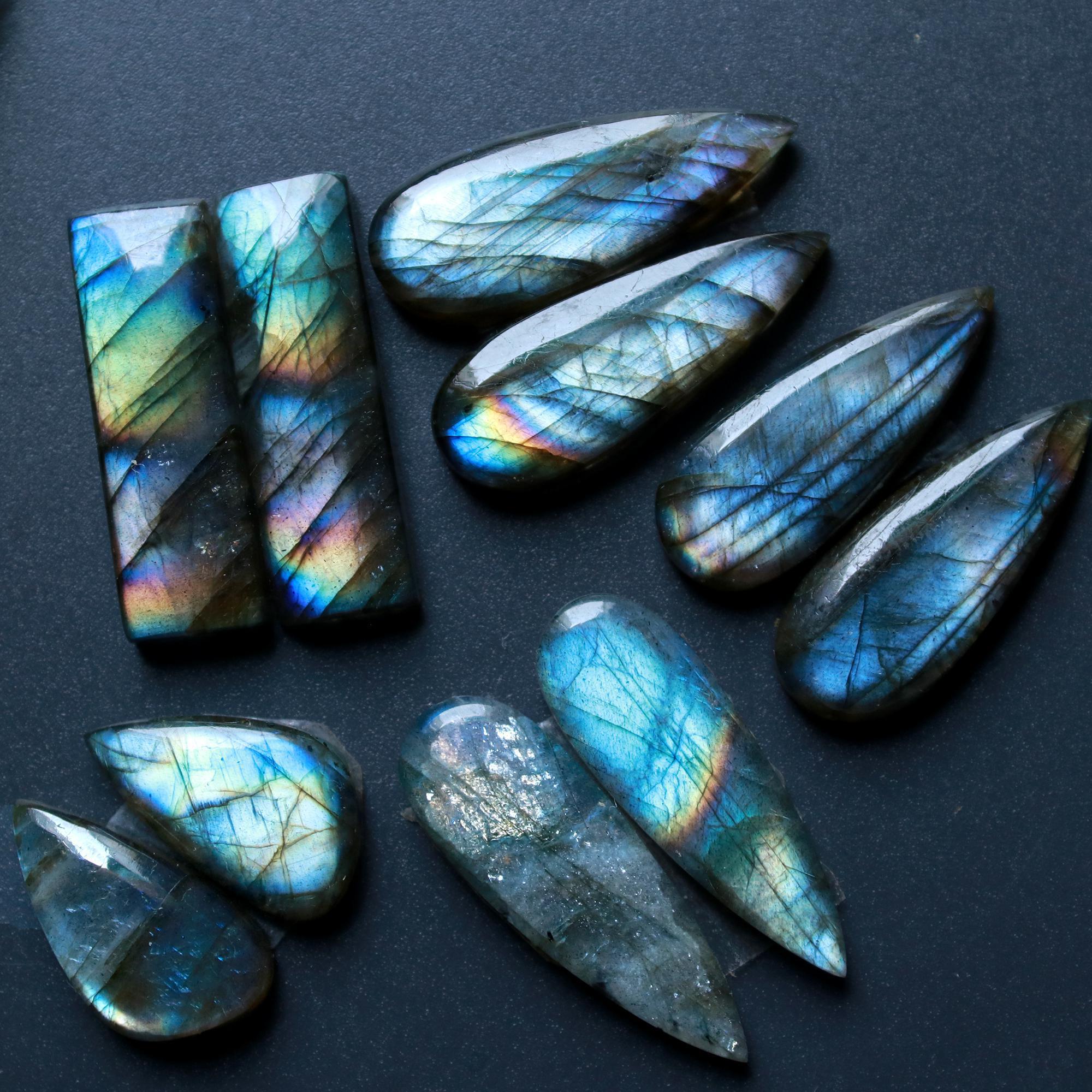 5 Pairs 94 Cts Natural Labradorite Loose Gemstone Pairs For Earring Labradorite Mix Shape Cabochon For Jewelry Making 26x9-17x10mm 14826
