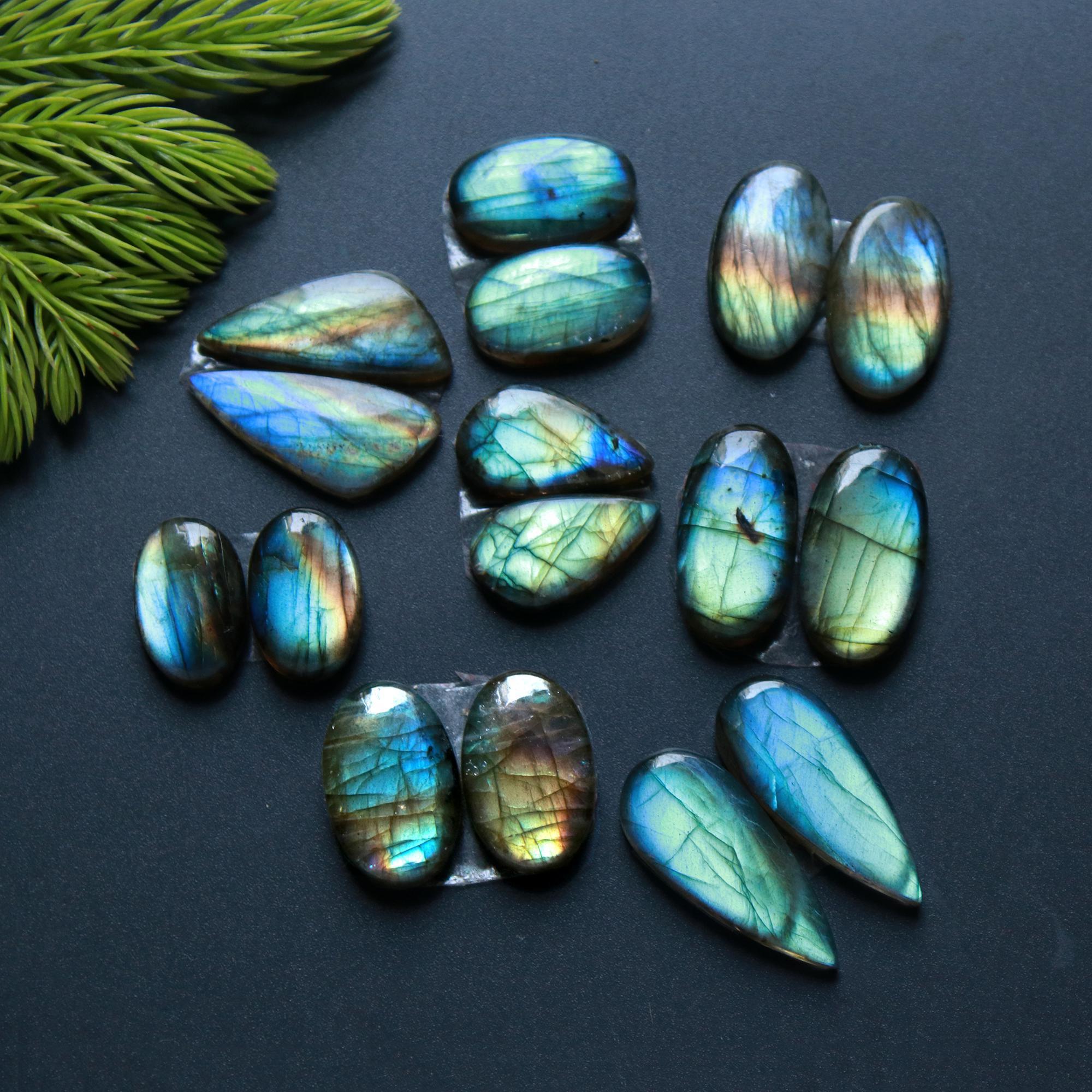 8 Pairs 143 Cts Natural Labradorite Loose Gemstone Pairs For Earring Labradorite Mix Shape Cabochon For Jewelry Making 24x10-16x10 mm 14832