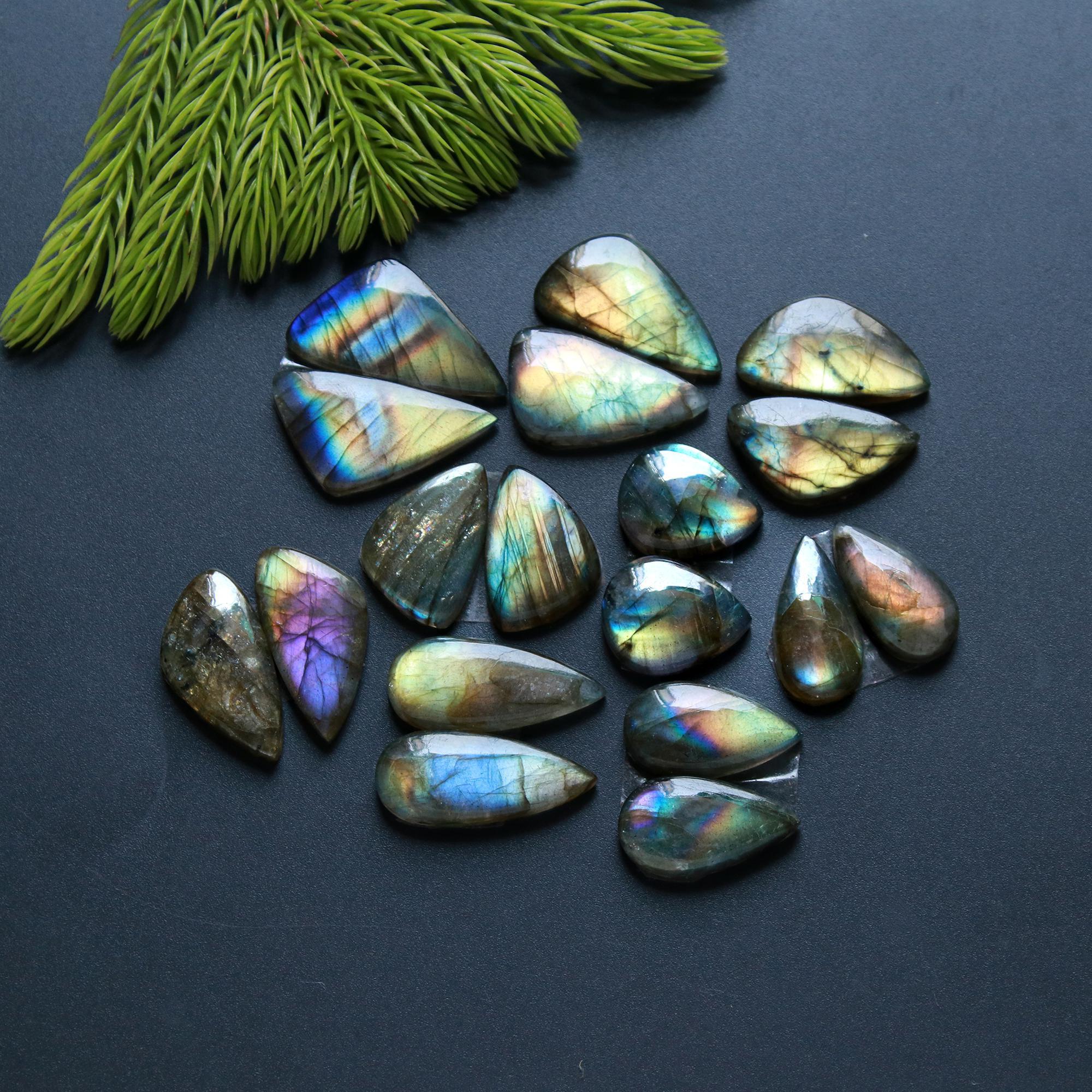 9 Pairs 163 Cts Natural Labradorite Loose Gemstone Pairs For Earring Labradorite Mix Shape Cabochon For Jewelry Making 26x14-17x13 mm 14833