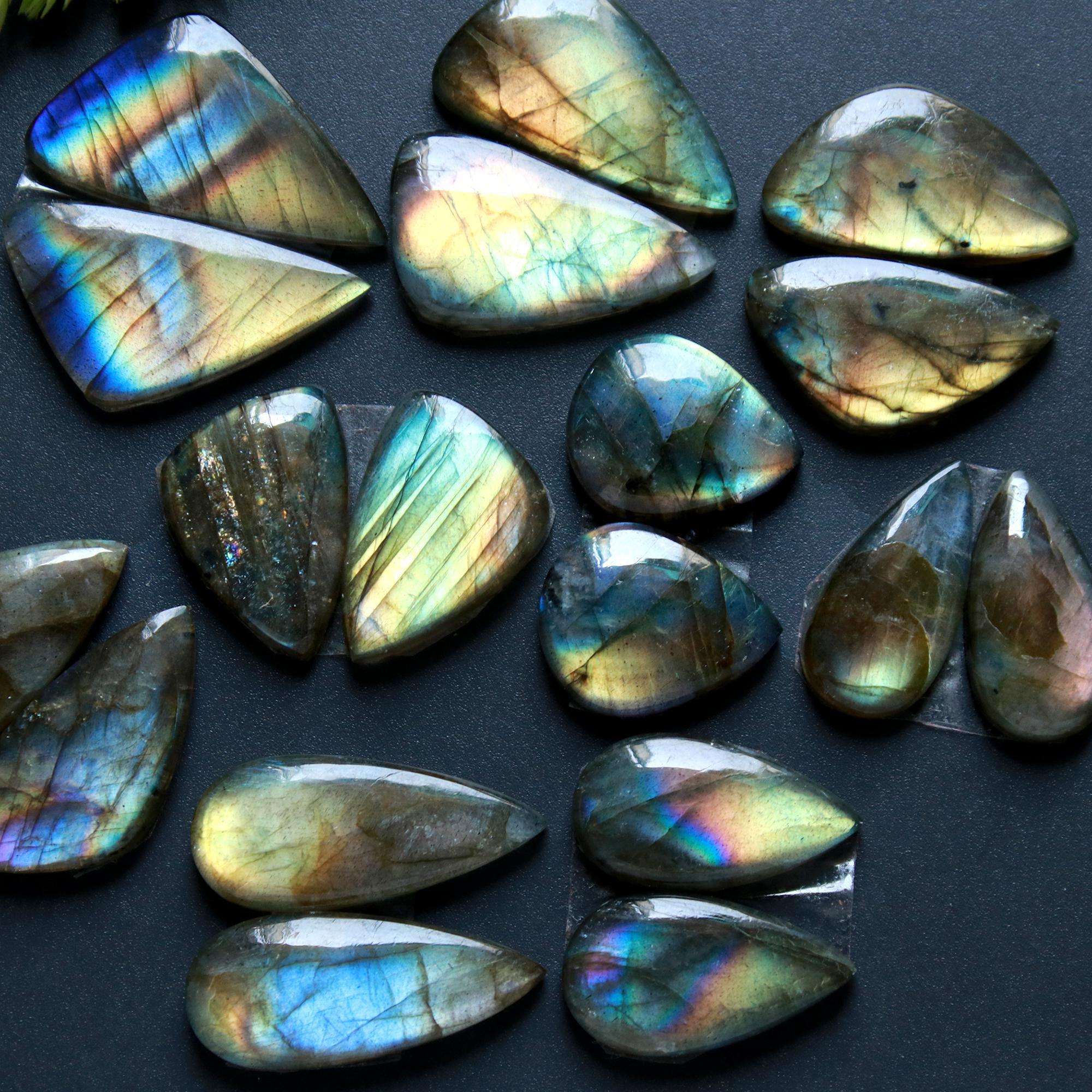 9 Pairs 163 Cts Natural Labradorite Loose Gemstone Pairs For Earring Labradorite Mix Shape Cabochon For Jewelry Making 26x14-17x13 mm 14833