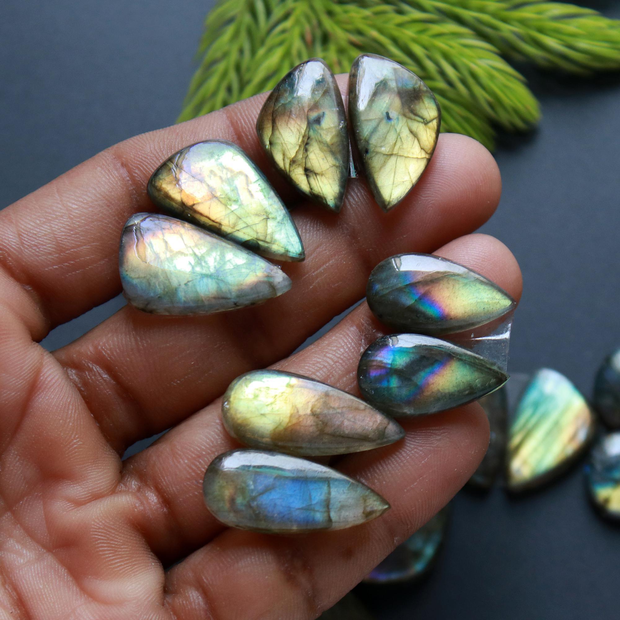 9 Pairs 163 Cts Natural Labradorite Loose Gemstone Pairs For Earring Labradorite Mix Shape Cabochon For Jewelry Making 26x14-17x13 mm 14833
