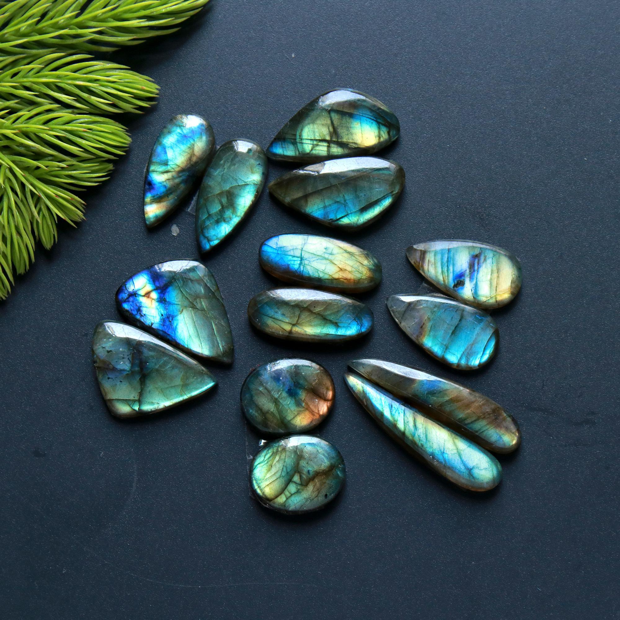 7 Pair 107 Cts Natural Labradorite Loose Gemstone Pairs For Earring Labradorite Mix Shape Cabochon For Jewelry Making 22x11-20x9 mm 14836