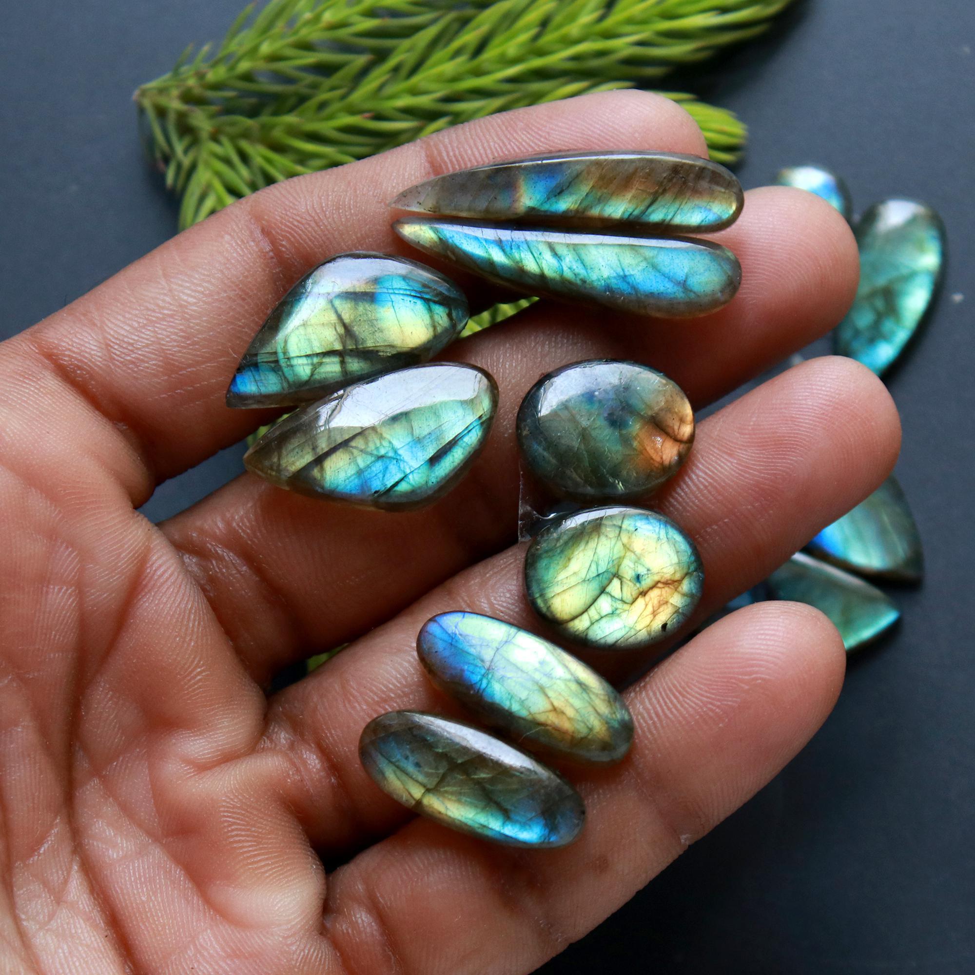 7 Pair 107 Cts Natural Labradorite Loose Gemstone Pairs For Earring Labradorite Mix Shape Cabochon For Jewelry Making 22x11-20x9 mm 14836