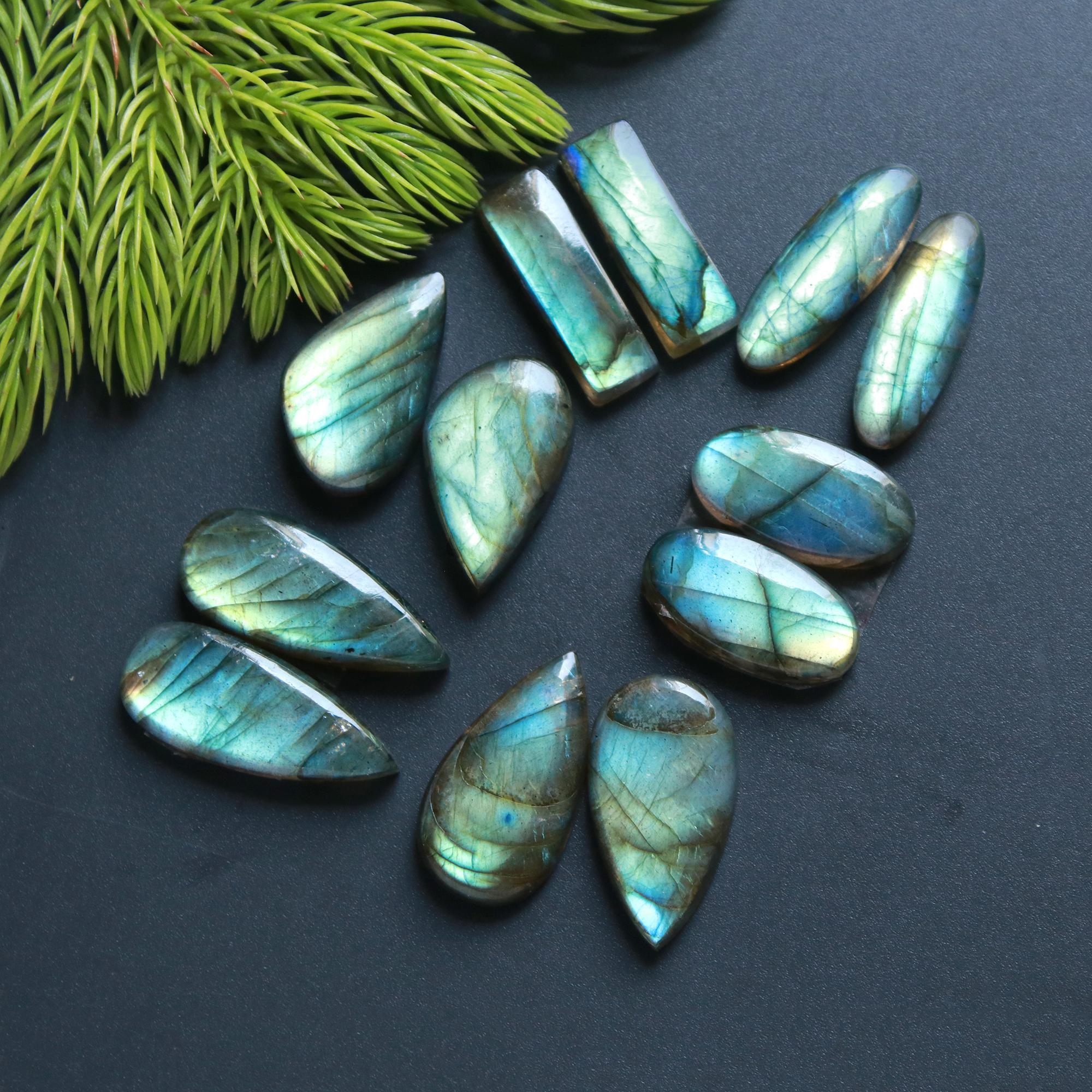 6 Pair 118 Cts Natural Labradorite Loose Gemstone Pairs For Earring Labradorite Mix Shape Cabochon For Jewelry Making 25x10-21x7 mm 14838
