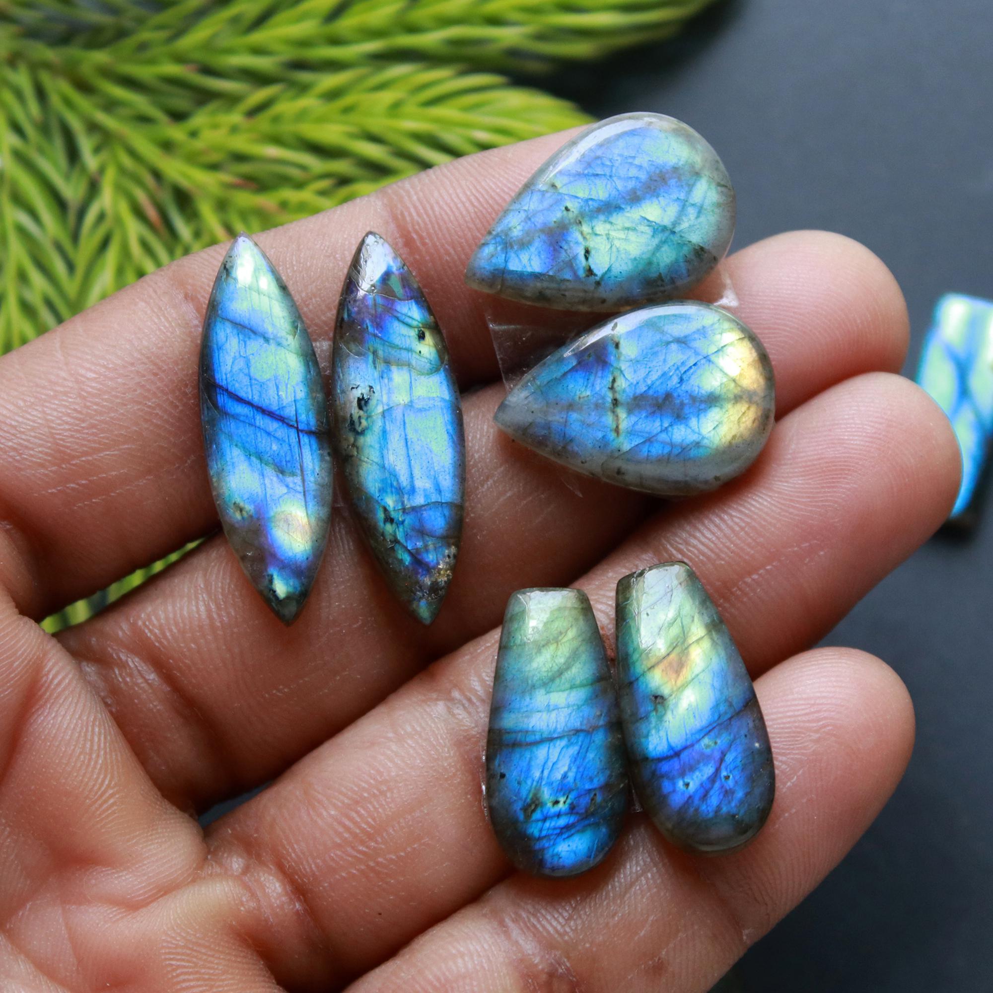 6 Pair 101 Cts Natural Labradorite Loose Gemstone Pairs For Earring Labradorite Mix Shape Cabochon For Jewelry Making 28x9-16x10 mm 14840