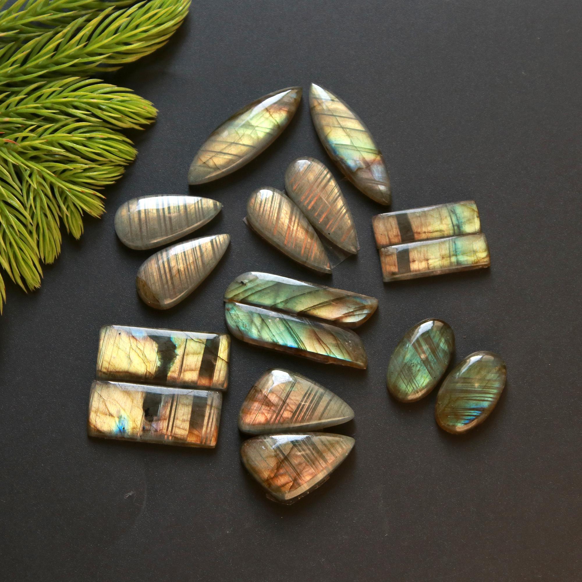 8 Pair 134 Cts Natural Labradorite Loose Gemstone Pairs For Earring Labradorite Mix Shape Cabochon For Jewelry Making 25x10-21x6 mm 14853