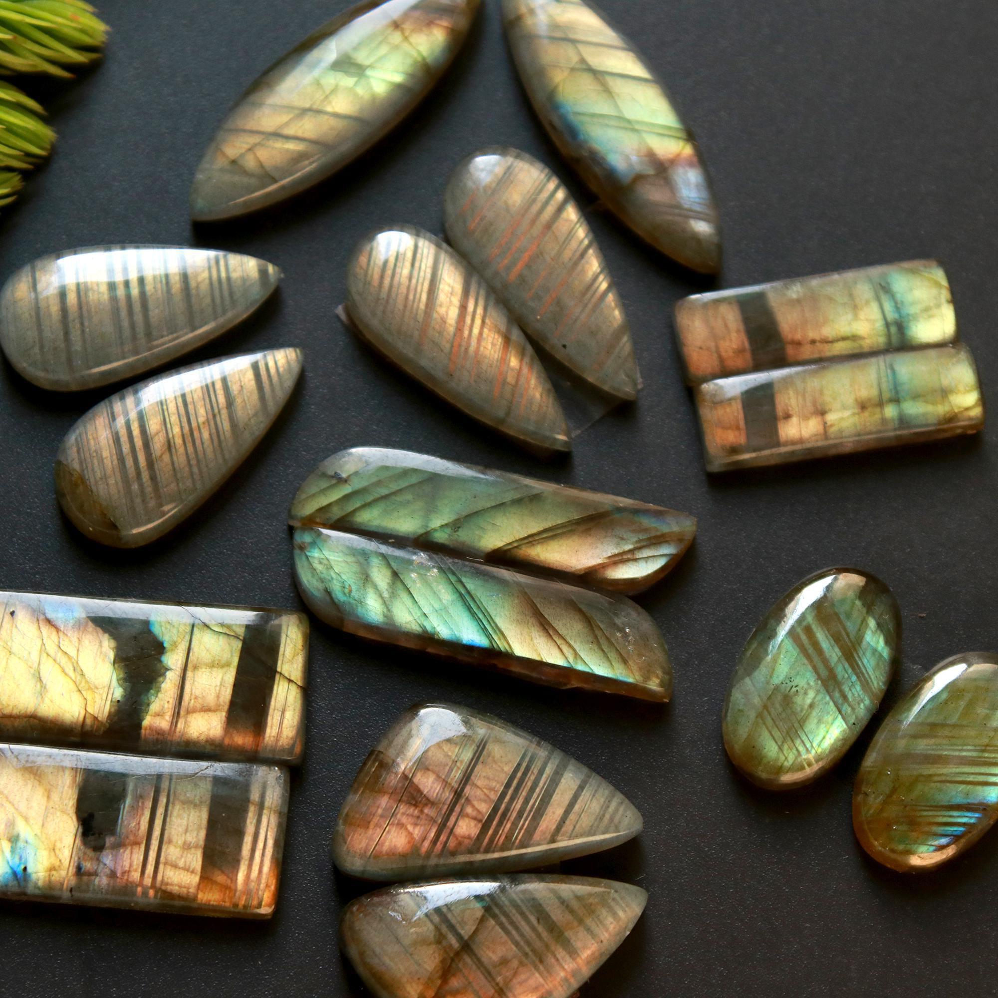 8 Pair 134 Cts Natural Labradorite Loose Gemstone Pairs For Earring Labradorite Mix Shape Cabochon For Jewelry Making 25x10-21x6 mm 14853