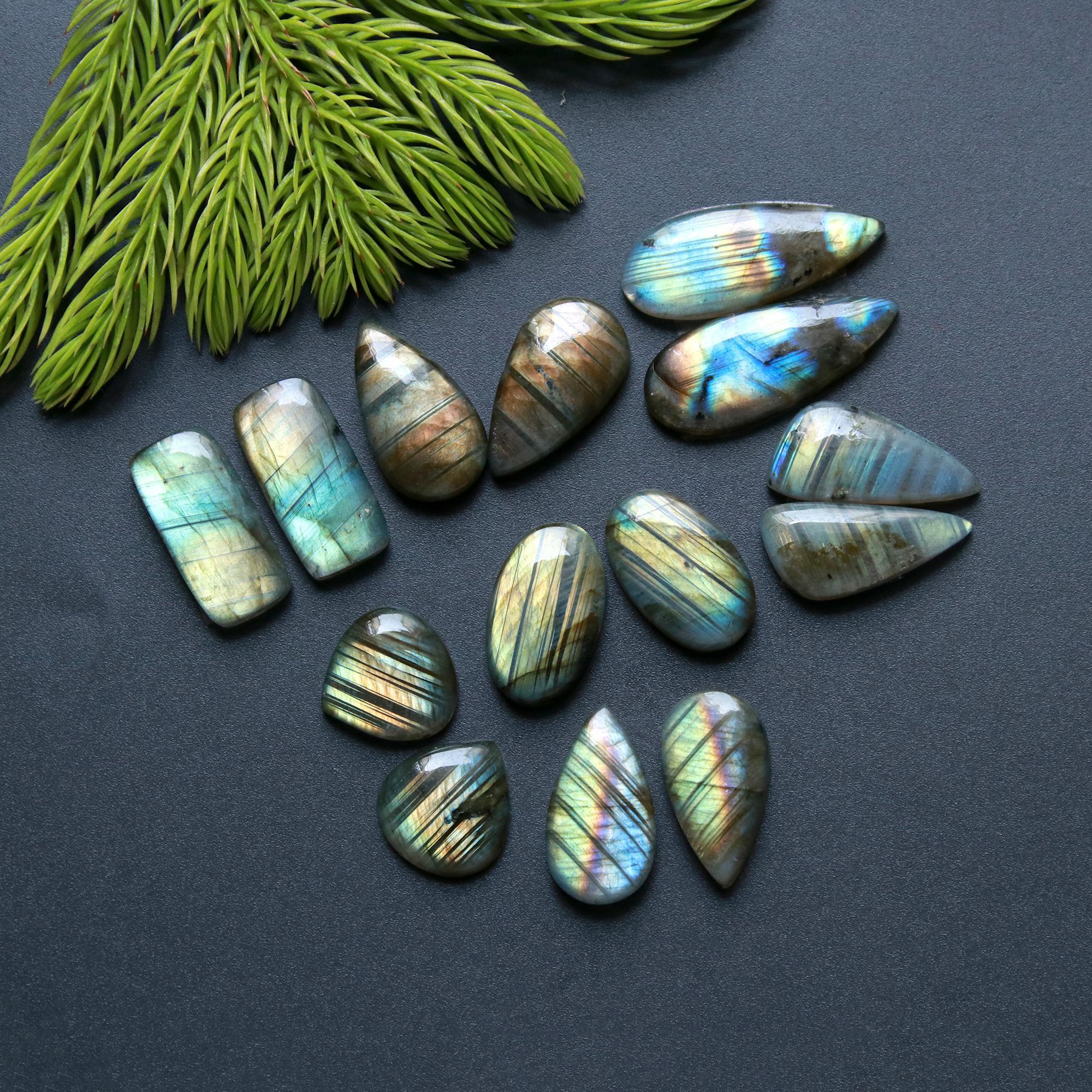 7 Pair 119 Cts Natural Labradorite Loose Gemstone Pairs For Earring Labradorite Mix Shape Cabochon For Jewelry Making 22x13-19x9 mm 14867