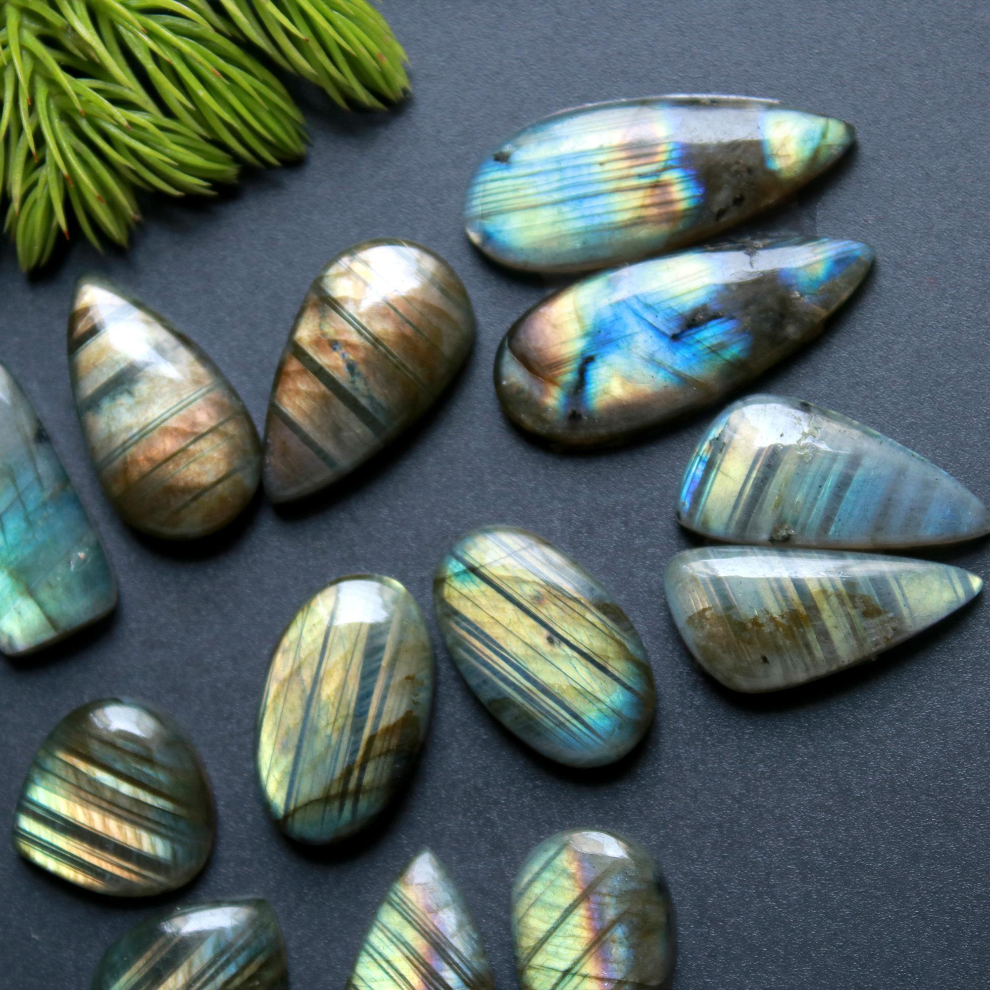 7 Pair 119 Cts Natural Labradorite Loose Gemstone Pairs For Earring Labradorite Mix Shape Cabochon For Jewelry Making 22x13-19x9 mm 14867