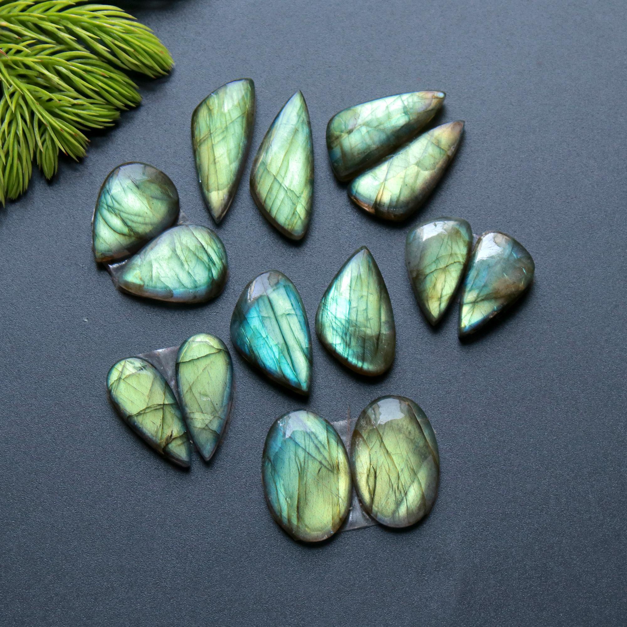 7 Pair 121 Cts Natural Labradorite Loose Gemstone Pairs For Earring Labradorite Mix Shape Cabochon For Jewelry Making 27x11-14x13 mm 14868