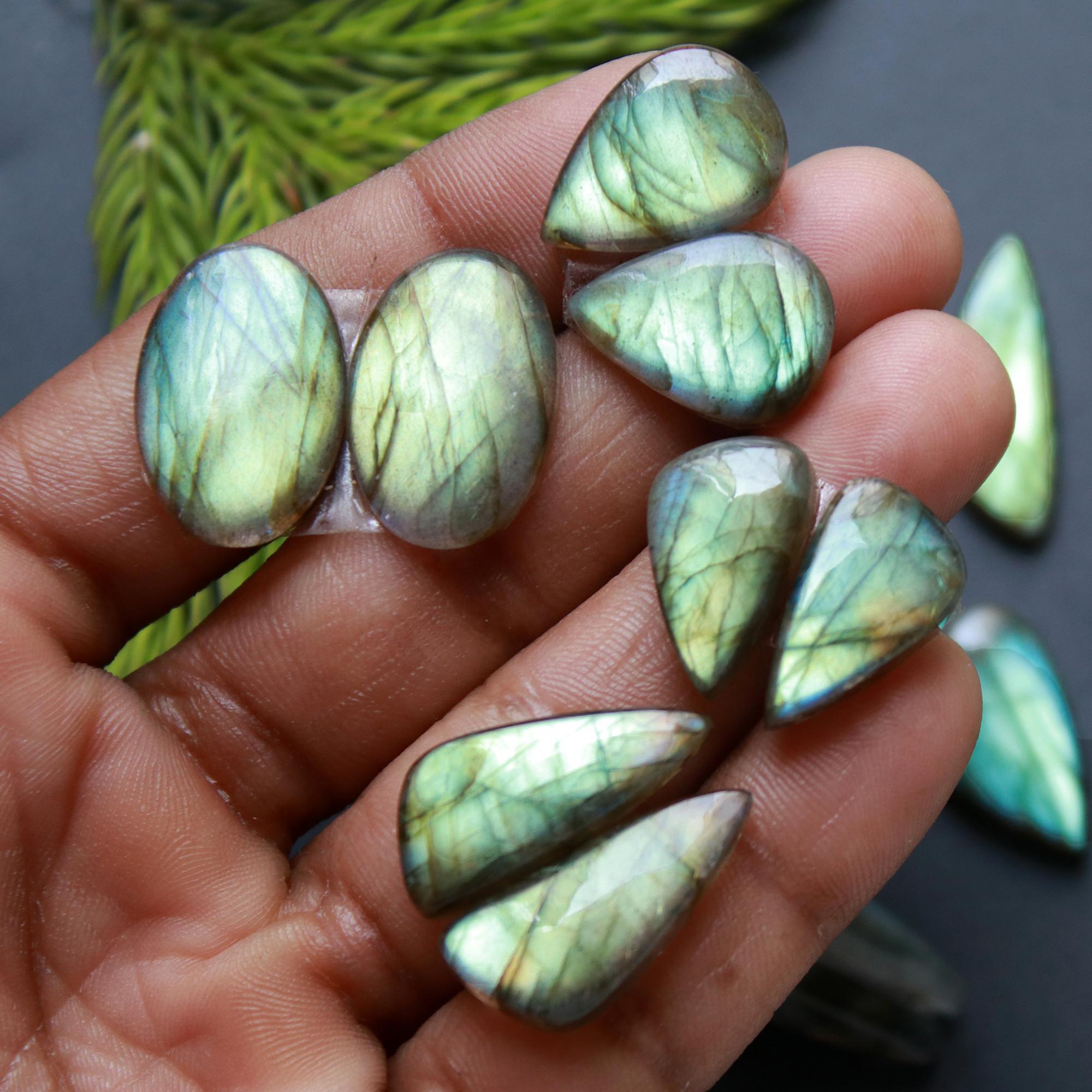 7 Pair 121 Cts Natural Labradorite Loose Gemstone Pairs For Earring Labradorite Mix Shape Cabochon For Jewelry Making 27x11-14x13 mm 14868