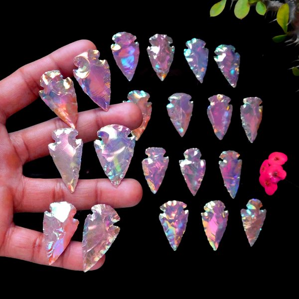 Aura Coated Rose Quartz Arrowhead Carving