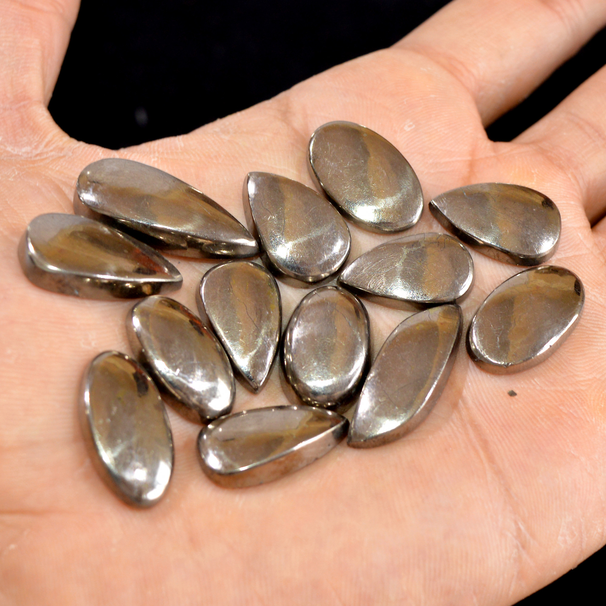 13 Pcs 210 cts Natural Pyrite Loose Cabochon Gemstone Mix Shape And Size For Jewelry Making Lot 28x12-20x13mm 15019