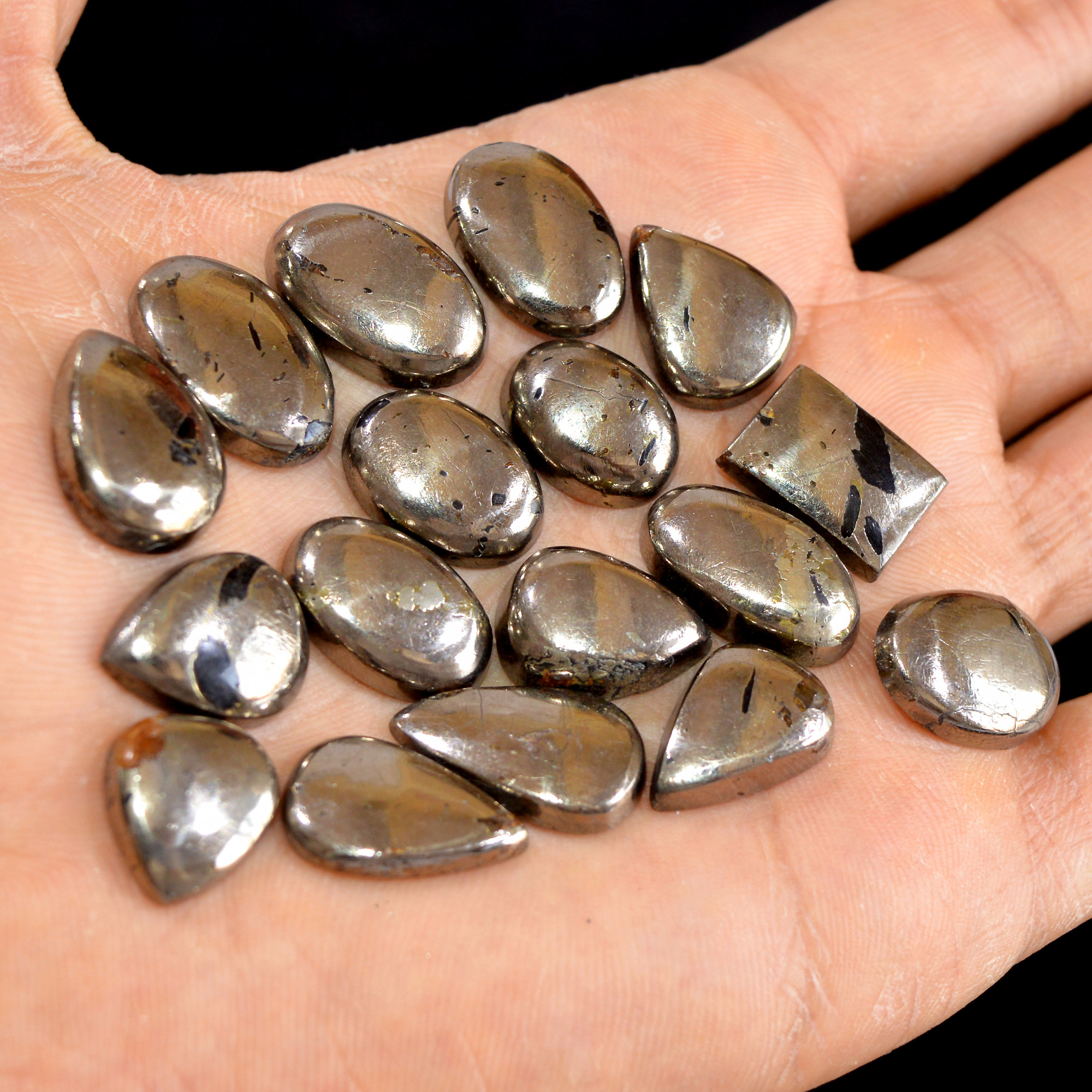 17 Pcs 228 cts Natural Pyrite Loose Cabochon Gemstone Mix Shape And Size For Jewelry Making Lot 20x13-16x11mm 15025