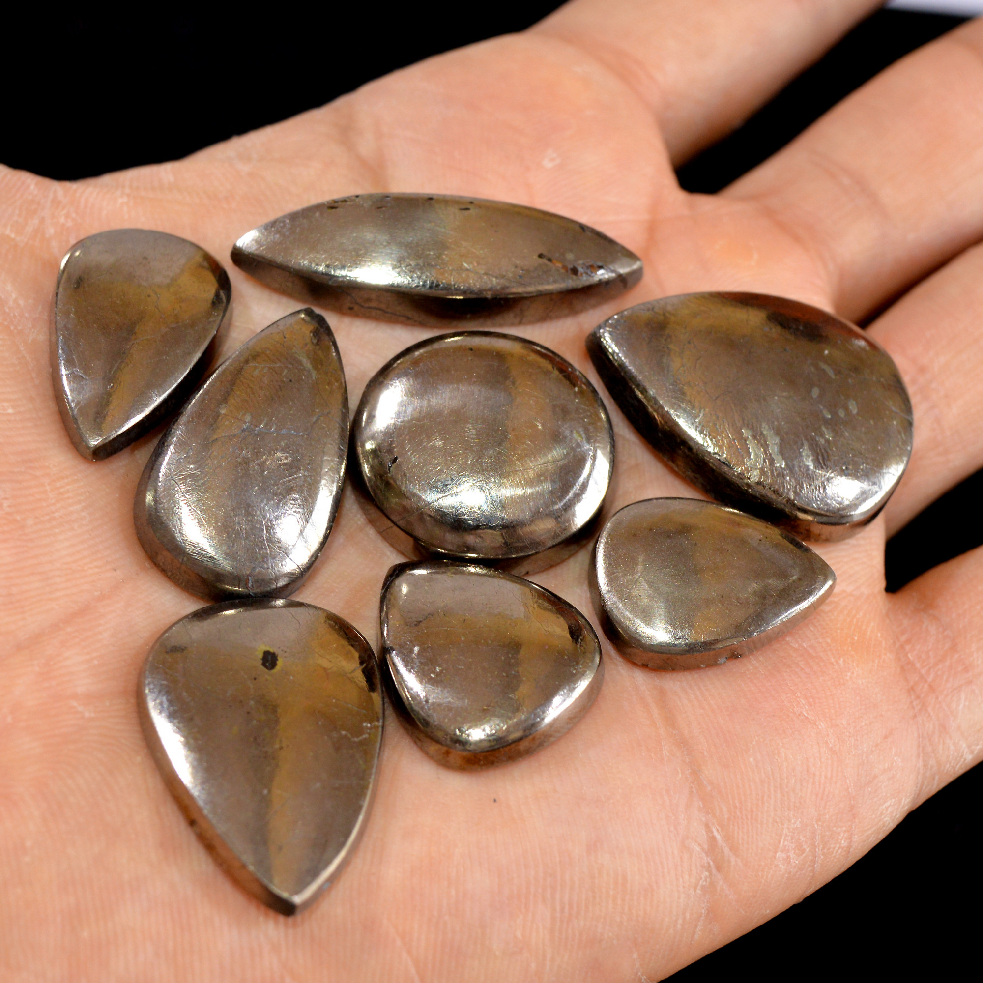 8 Pcs 277 cts Natural Pyrite Loose Cabochon Gemstone Mix Shape And Size For Jewelry Making Lot 30x22-20x15mm 15027