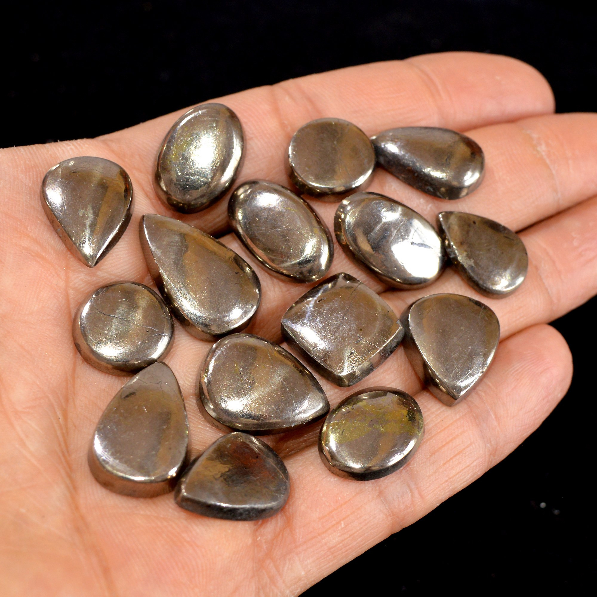 15 Pcs 215 cts Natural Pyrite Loose Cabochon Gemstone Mix Shape And Size For Jewelry Making Lot 22x14-16x12mm 15030
