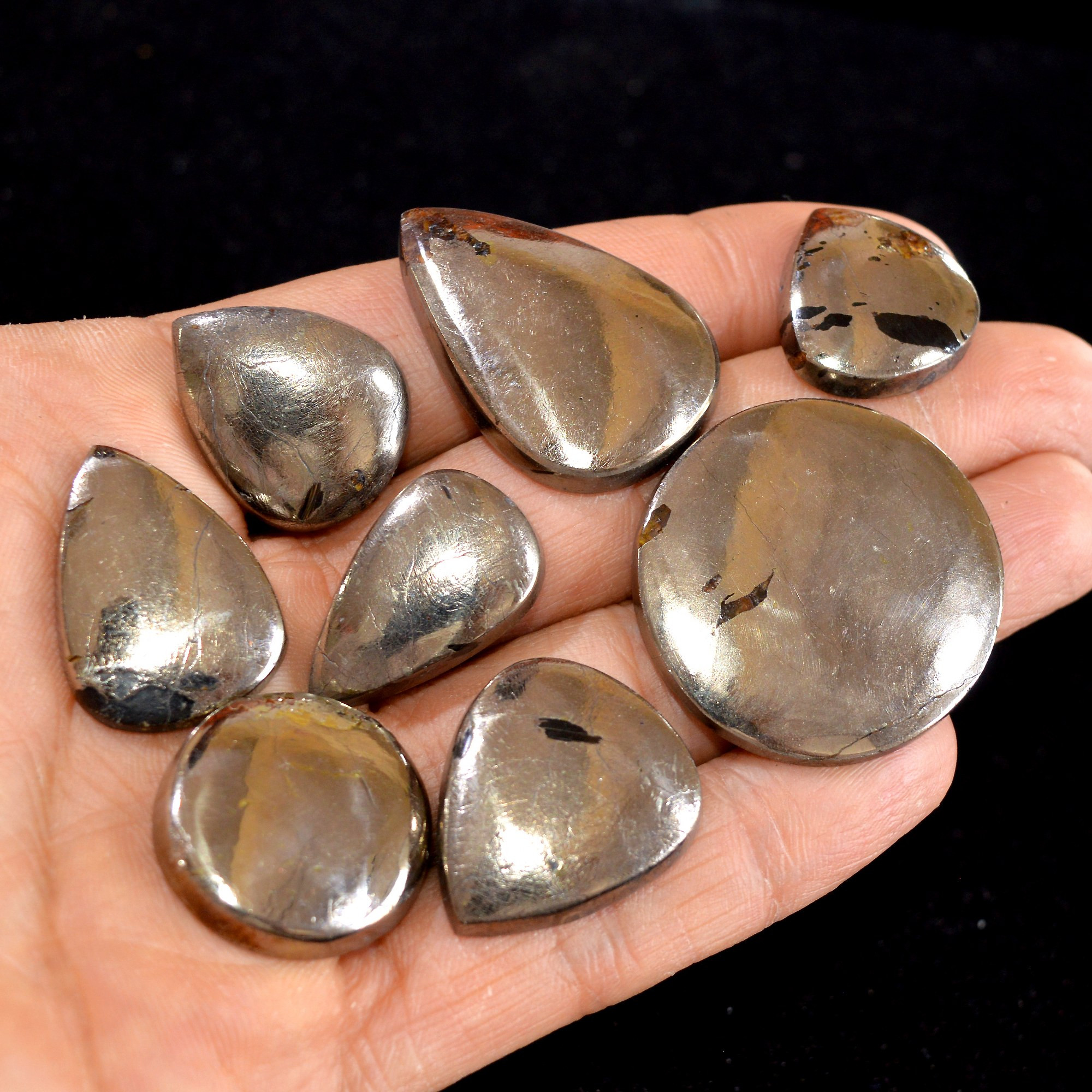 8 Pcs 332 cts Natural Pyrite Loose Cabochon Gemstone Mix Shape And Size For Jewelry Making Lot 34x34-20x20mm 15031