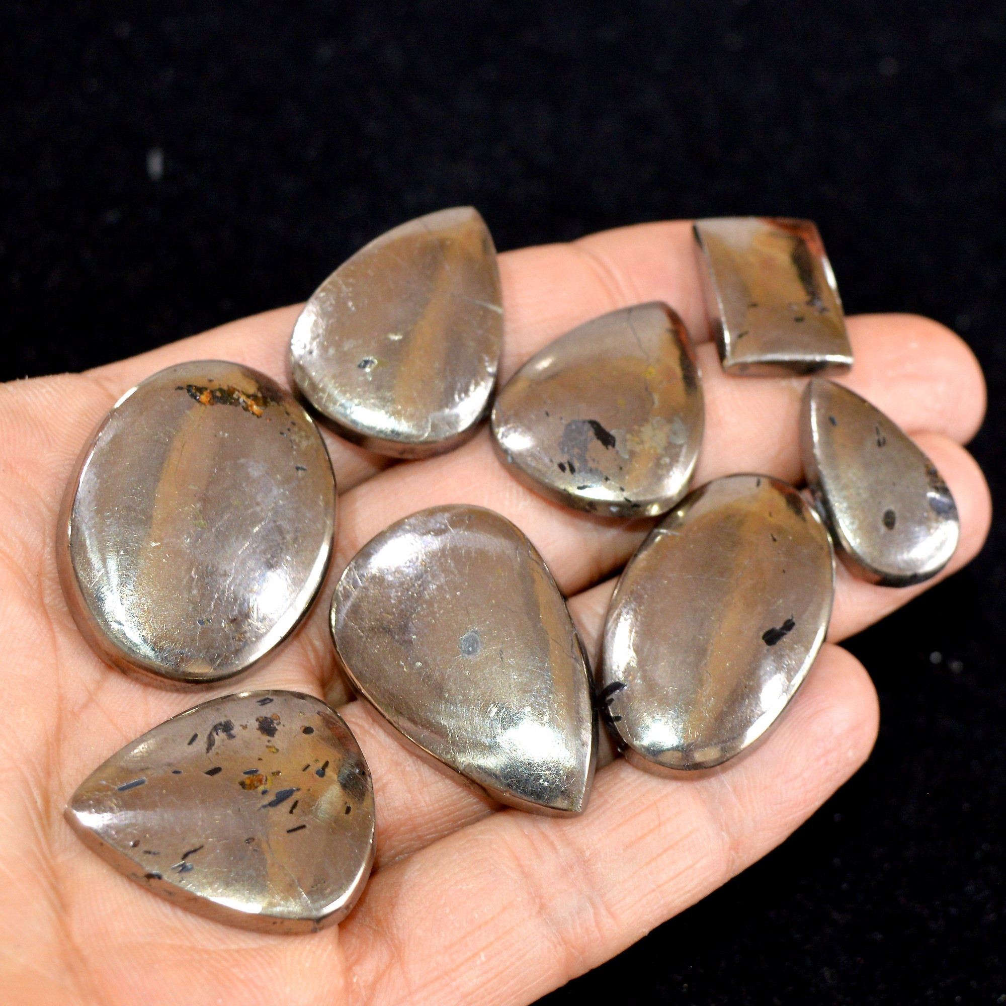 8 Pcs 341 cts Natural Pyrite Loose Cabochon Gemstone Mix Shape And Size For Jewelry Making Lot 33x26-19x14mm 15032