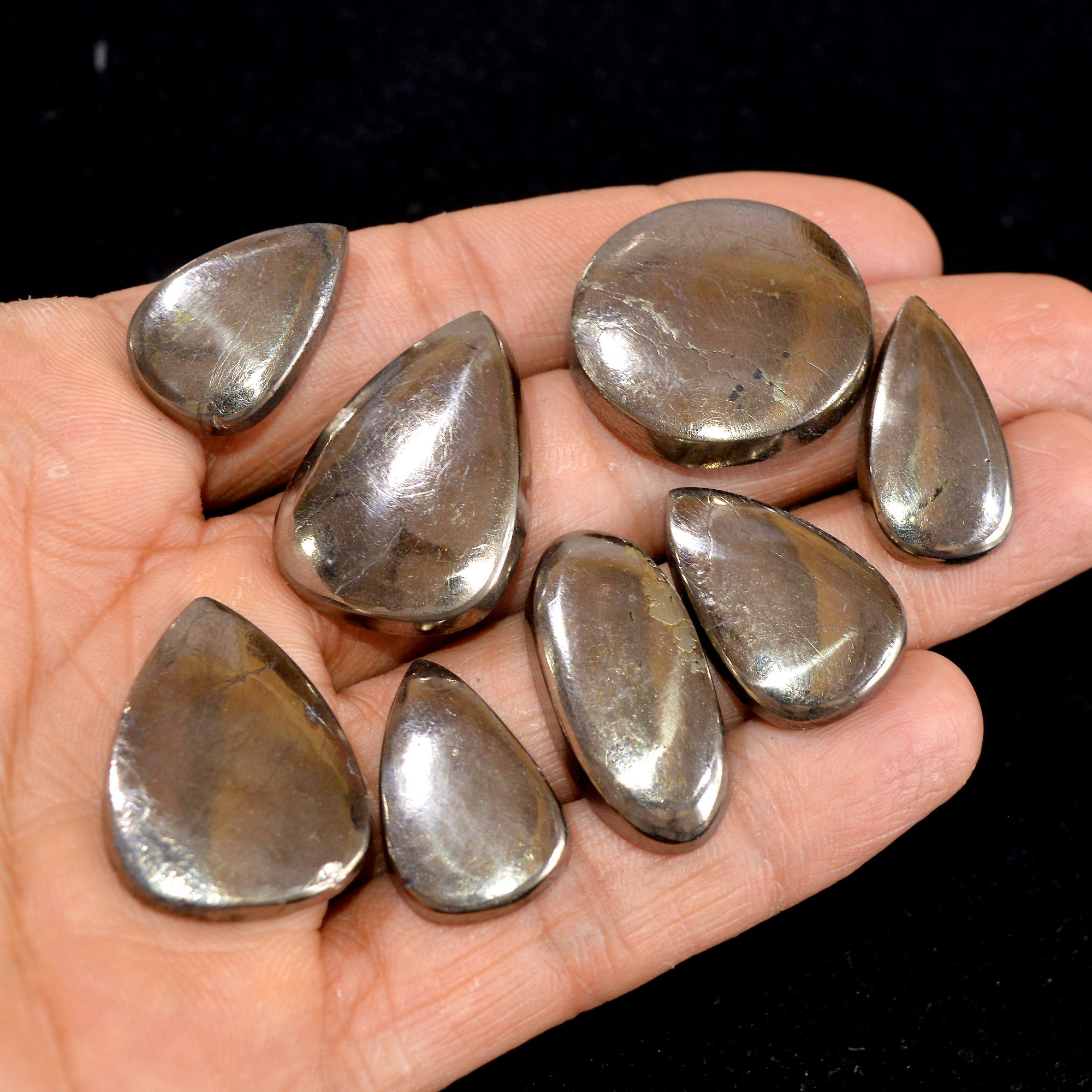 8 Pcs 253 cts Natural Pyrite Loose Cabochon Gemstone Mix Shape And Size For Jewelry Making Lot 27x27-22x15mm 15033