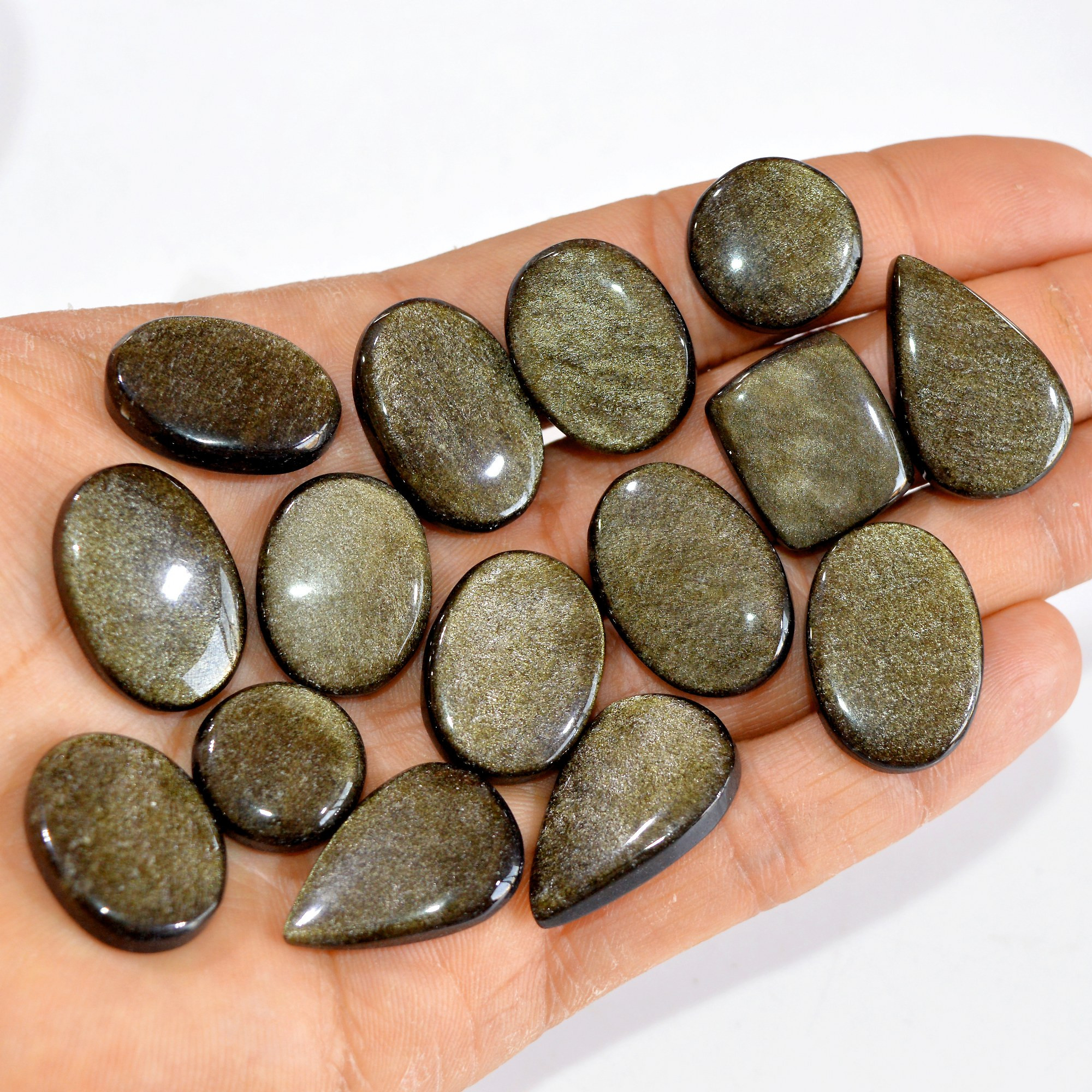 15 Pcs 254 cts Natural Silver Obsidian Cabochon Gemstone Lot Wholesale Loose Gemstone For Jewelry Making 27x17-16x16mm R-15042