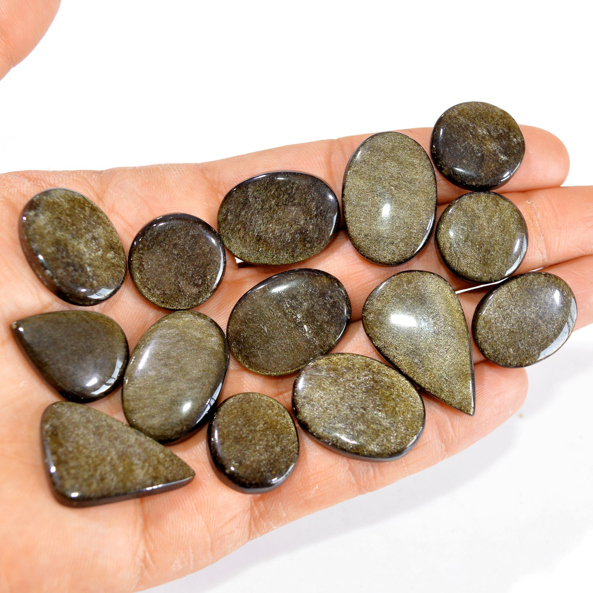 14 Pcs 285 cts Natural Silver Obsidian Cabochon Gemstone Lot Wholesale Loose Gemstone For Jewelry Making 32X20-20X18mm 15051