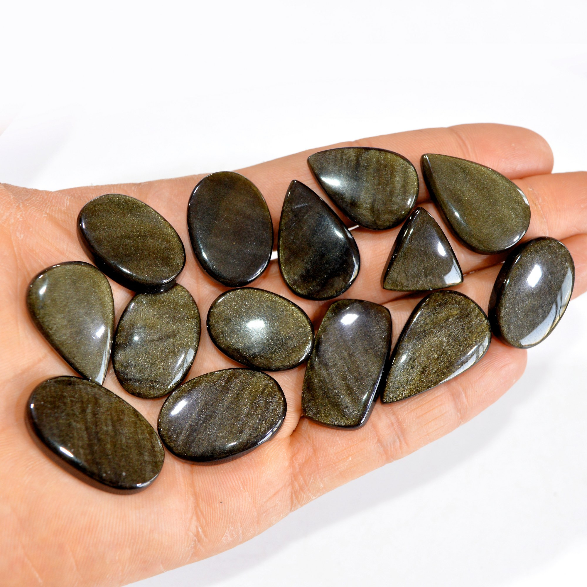 14 Pcs 293 cts Natural Silver Obsidian Cabochon Gemstone Lot Wholesale Loose Gemstone For Jewelry Making 32X18-18X18mm 15057